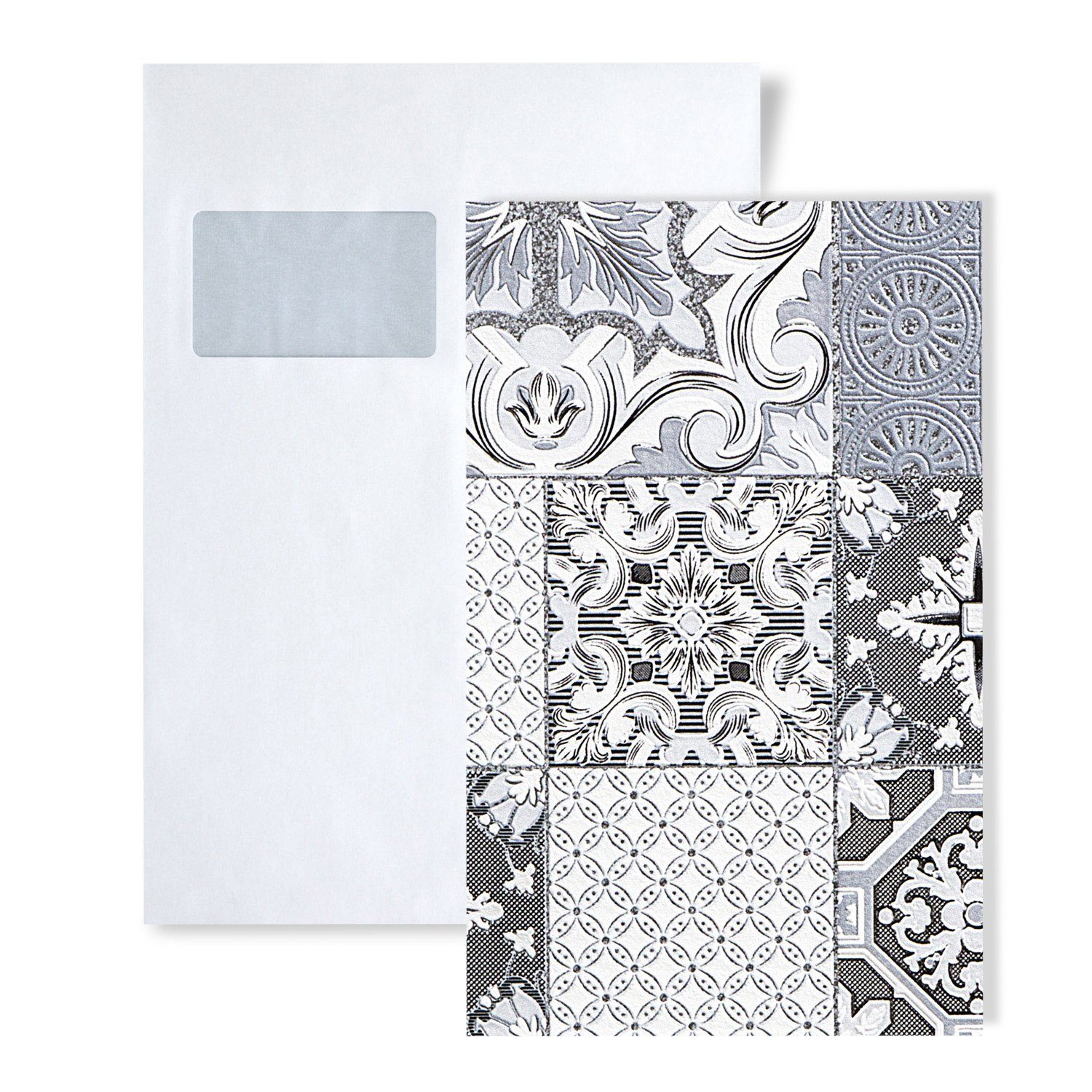 Edem Küchentapete 1 MUSTERSTÜCK S-87001BR10 DIN A4 MUSTER der Tapete, grafisch, Metall-Effekte, ornamental, Ethnomuster, Fliesen-Optik, (1 Musterblatt, ca. A5-A4), grau, anthrazit, weiß, silber