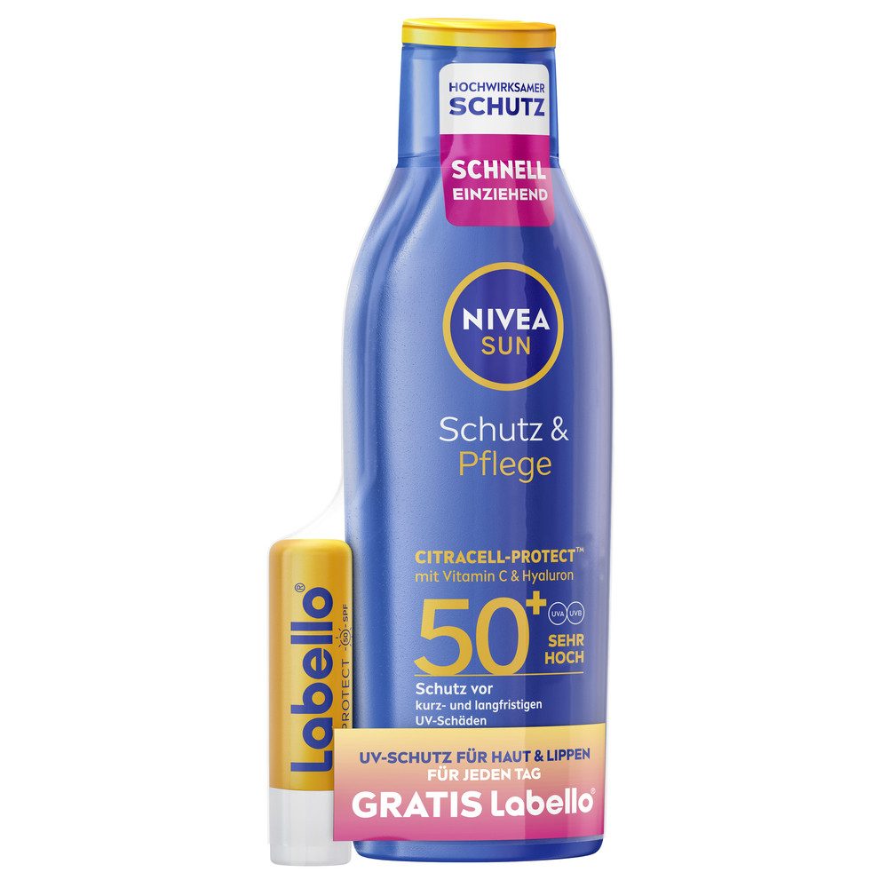 Nivea Sun Sonnenschutzlotion Schutz & Pflege Lotion LSF50+ mit Labello Sun Gratis, 2-tlg., mit Vitamin C und Hyaluron, 48 Stunden Feuchtigkeit, zieht schnell ein