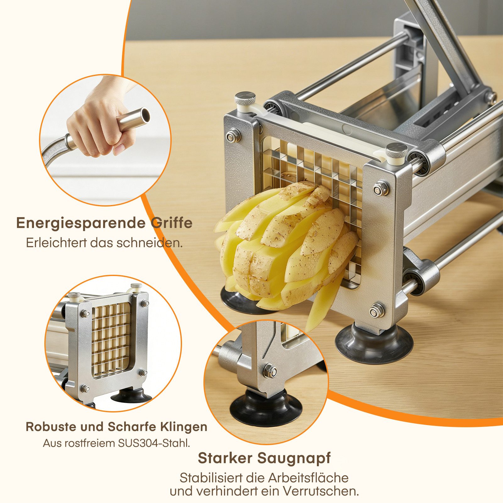 FOHERE Pommesschneider Kartoffelschneider Edelstahl Pommes Frites Schneidemaschine, (4-tlg), mit 13, 9, 6 mm Klingen aus Edelstahl, Silber – Bild 5 von 5