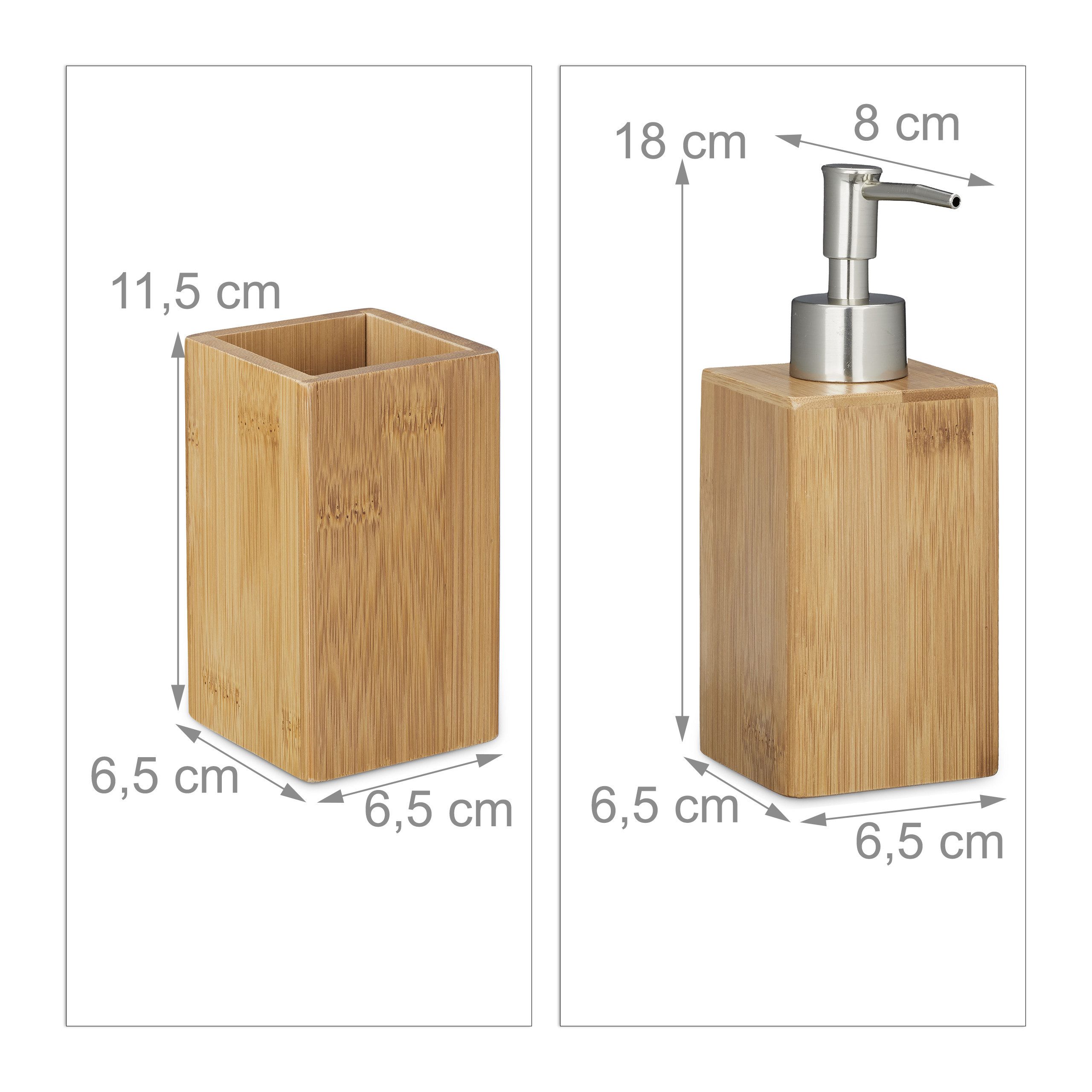 relaxdays Badaccessoire-Set 2 tlg. Badutensilien Set Bambus, Nachfüllbarer Seifenspender mit manueller Druckdosierung, 2 tlg. – Bild 2 von 4