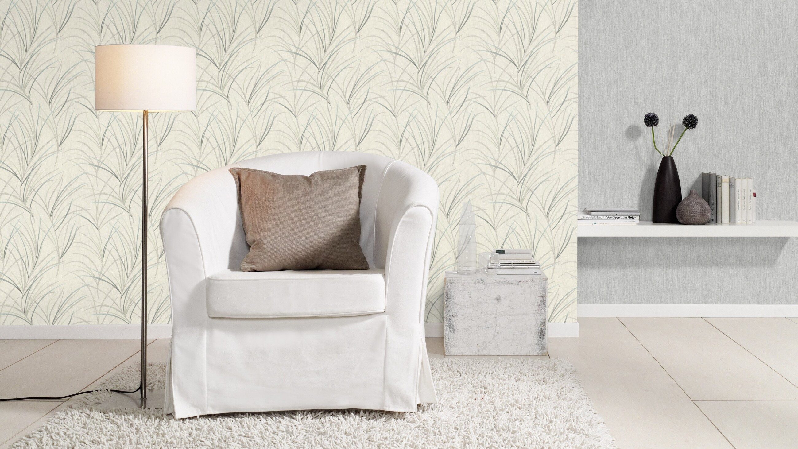 Rasch Vliestapete Botanisches Muster - Vinyltapete Weiß Creme Blau Grün, Floral, (1 Rolle, 1 St., 10,05 m x 0,53 m), gute Lichtbeständigkeit, feucht abwischbar, restlos abziehbar