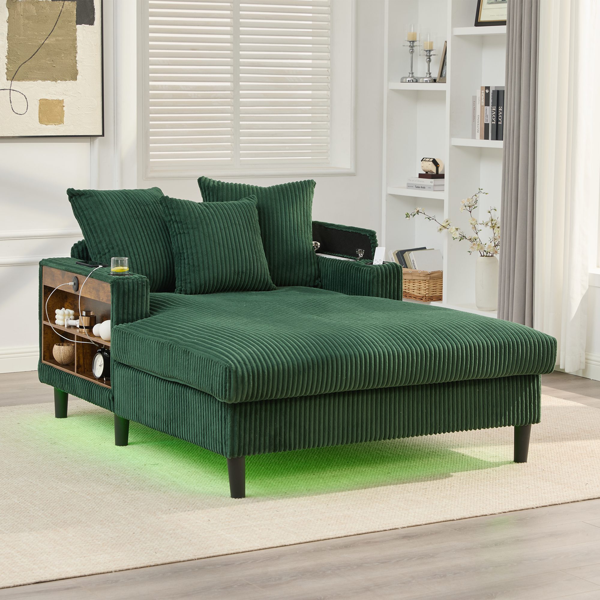 REDOM Sofa aus Cord mit Chaiselongue, Loungesofa, großzügiger Liegefläche, integrierten Getränkehaltern, LED-Licht und USB-Anschluss, mit Stauraum und Seitentasch, Schlafsofa