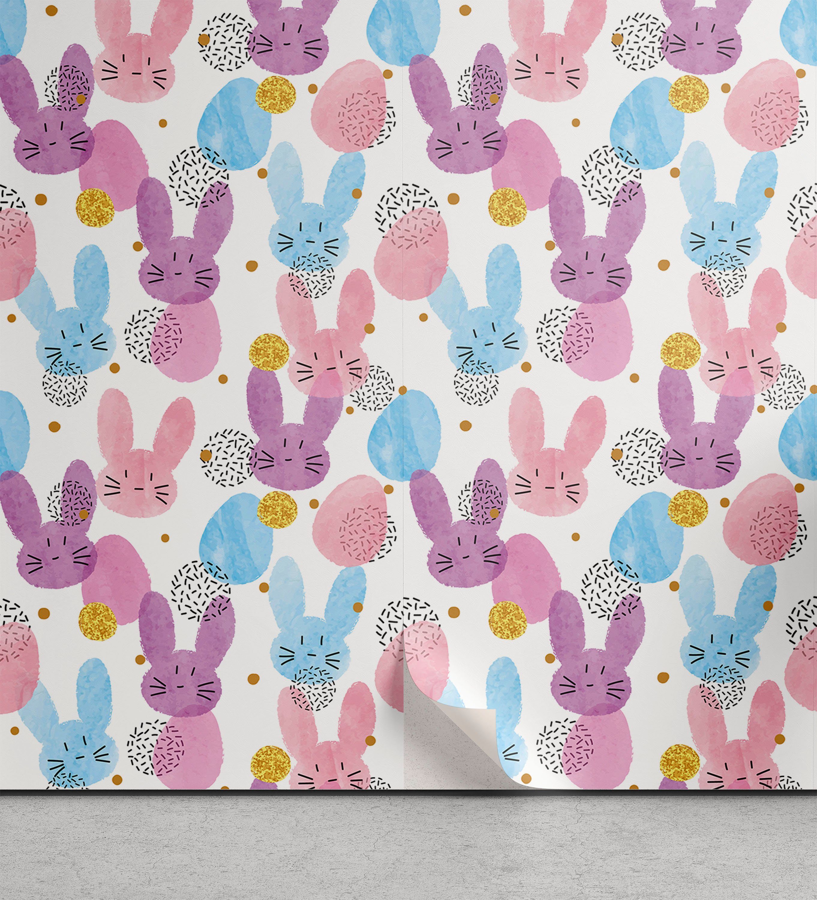 Abakuhaus Vinyltapete selbstklebendes Wohnzimmer Küchenakzent, Hasen Ostern Eier und Bunt