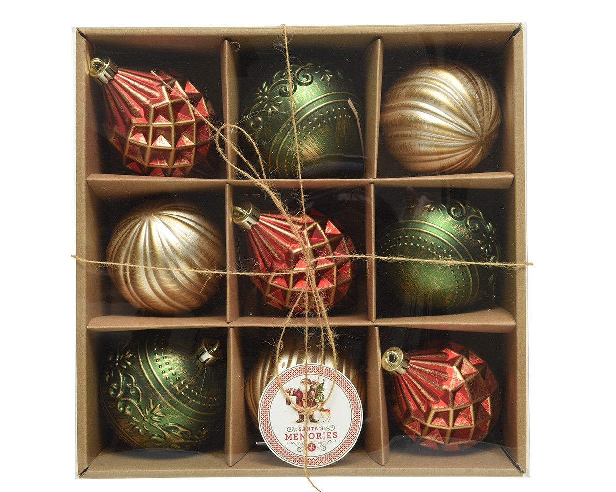 Decoris season decorations Christbaumschmuck, Weihnachtskugeln Kunststoff  Vintage 8cm rot / gold / grün, 9er Set