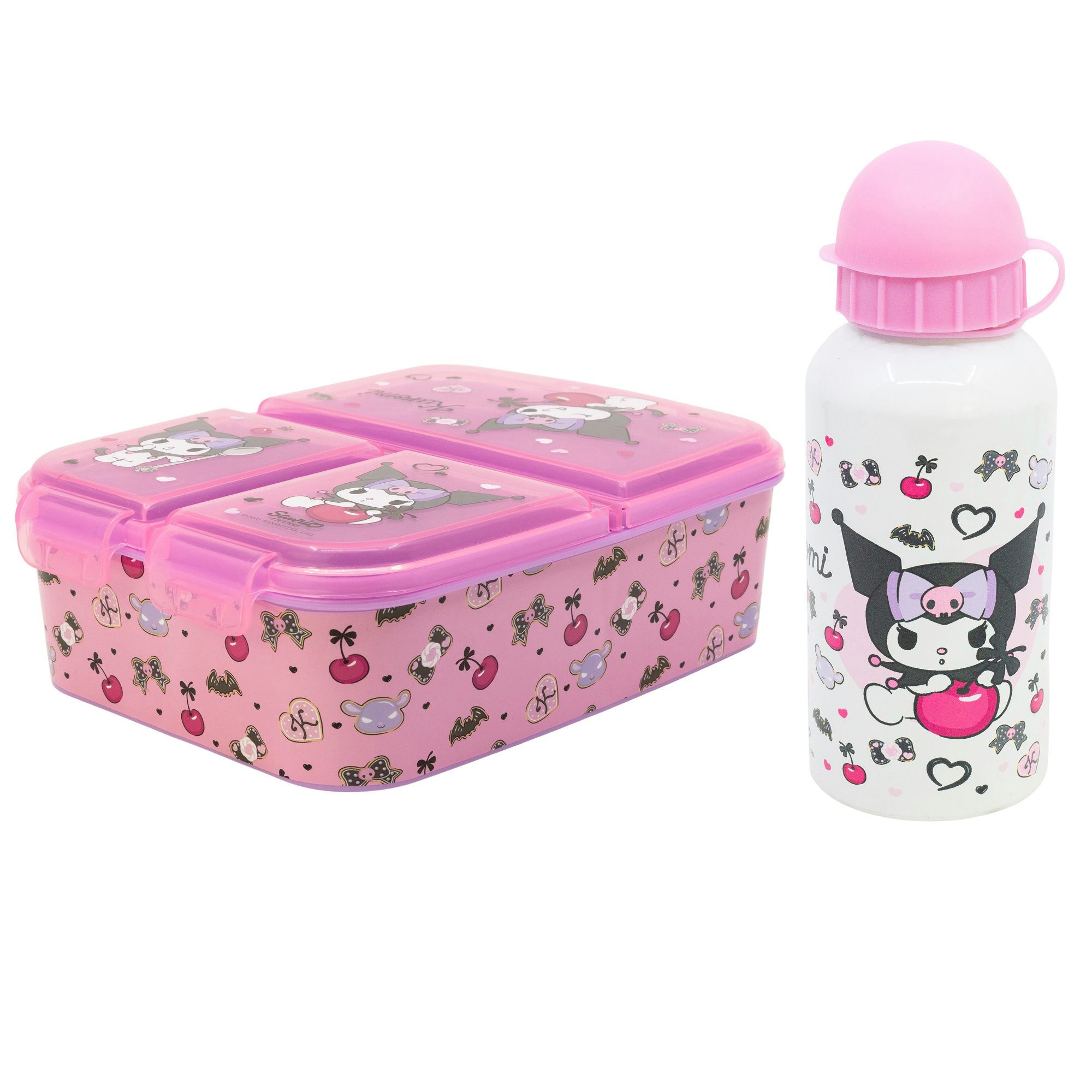 Hello Kitty Lunchbox Kuromi Hello Kitty 2 tlg. Set Brotdose 3 Kammern ALU ATrinkflasche, (4-tlg., Spar-Set)