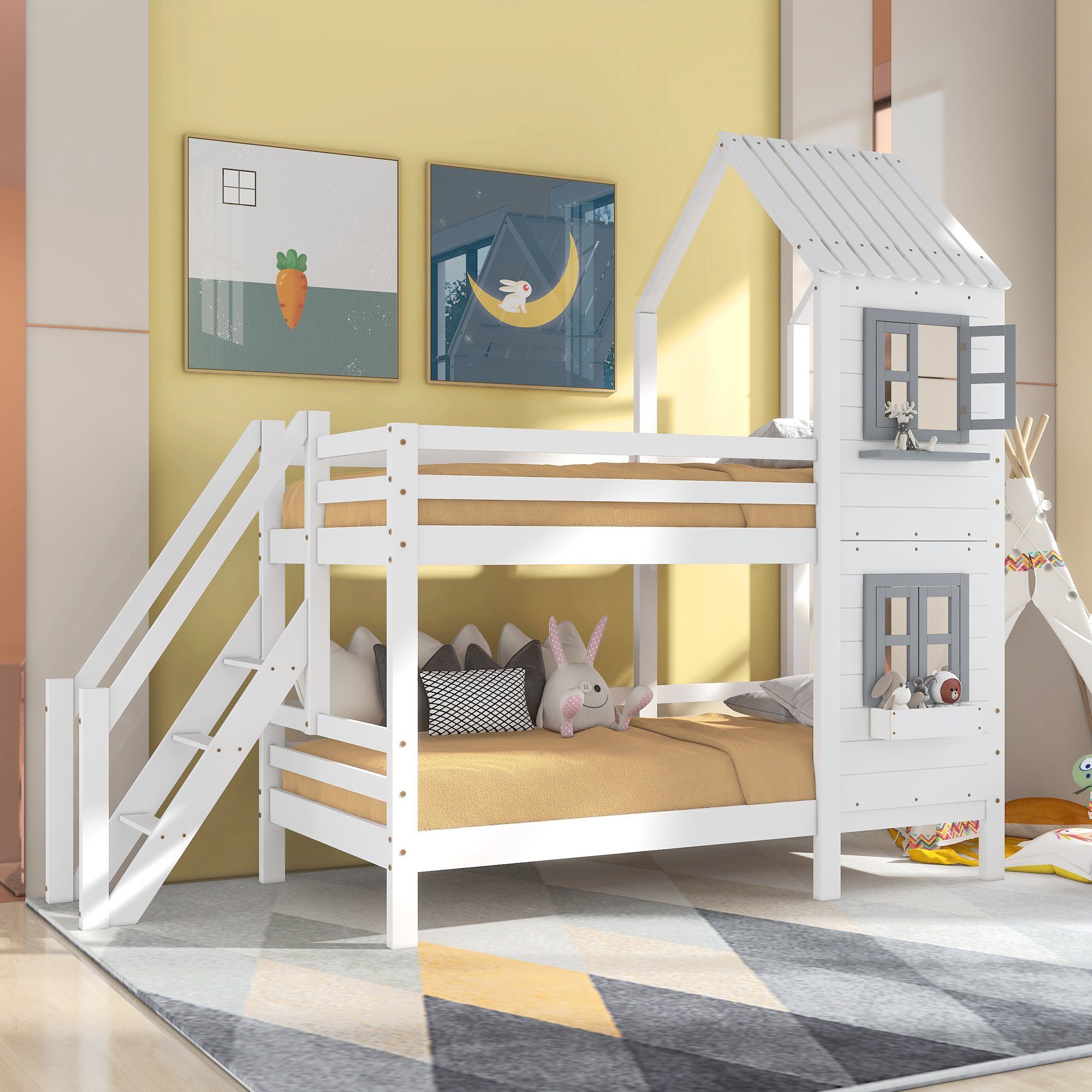 Etagenbett (Hochbett Kinderbett 90x200 cm), inklusive Trittleiter und Rundum-Absturzschutz, Kiefer