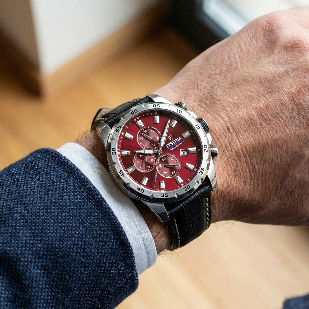 Festina Chronograph Timeless F20692-5 Burgunderrot 45 mm Lederband 10 Bar