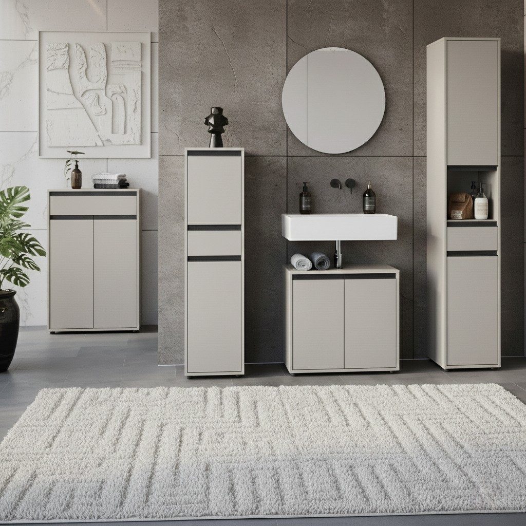 KADIMA DESIGN Badmöbel-Set 5-tlg. XXL, Soft-Close & Matt, Made in Germany, Badezimmer-Set HAMBURG, (Styroporfrei, Wandmontage erforderlich, Türen rechts/links montierbar), Hochschrank, Unterschrank, Beistellschrank, runder Spiegel, Badkommode