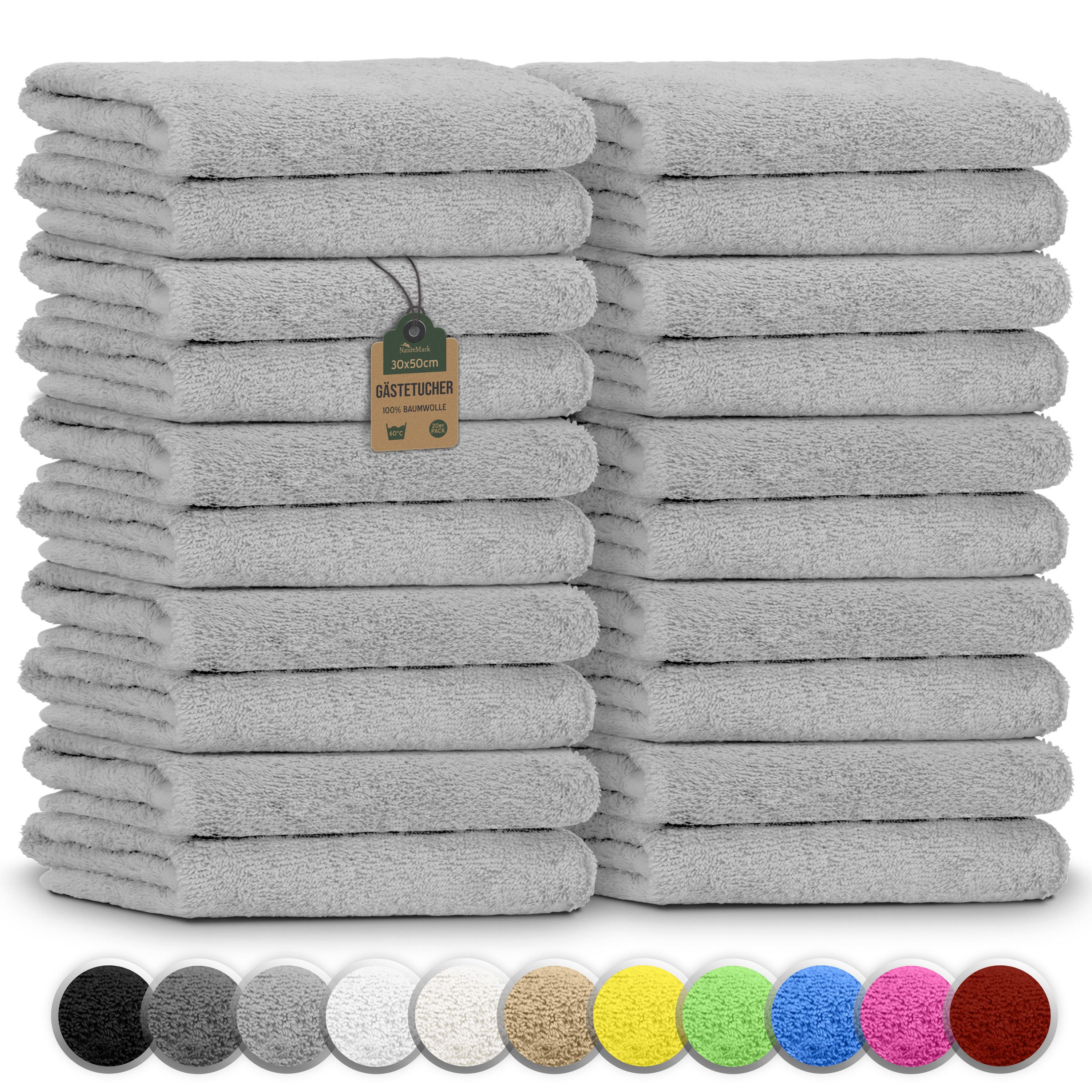 NatureMark Gästehandtuch 20er-Sparpack Frottier Gästetücher 30x50cm, 100% Baumwolle (20-St), Gästehandtuch 30x50cm Silber grau