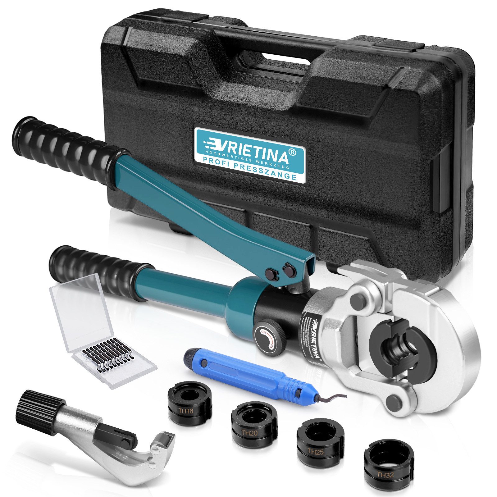 XERSEK Rohrzange Hydraulische Presszange TH-Kontur Rohrpresszange Crimpzange, Presswerkzeug Handpresszange TH16 TH20 TH26 TH32, Backeneinsätze mit Rohrabschneider, für Kupferrohr Und Verbundrohr