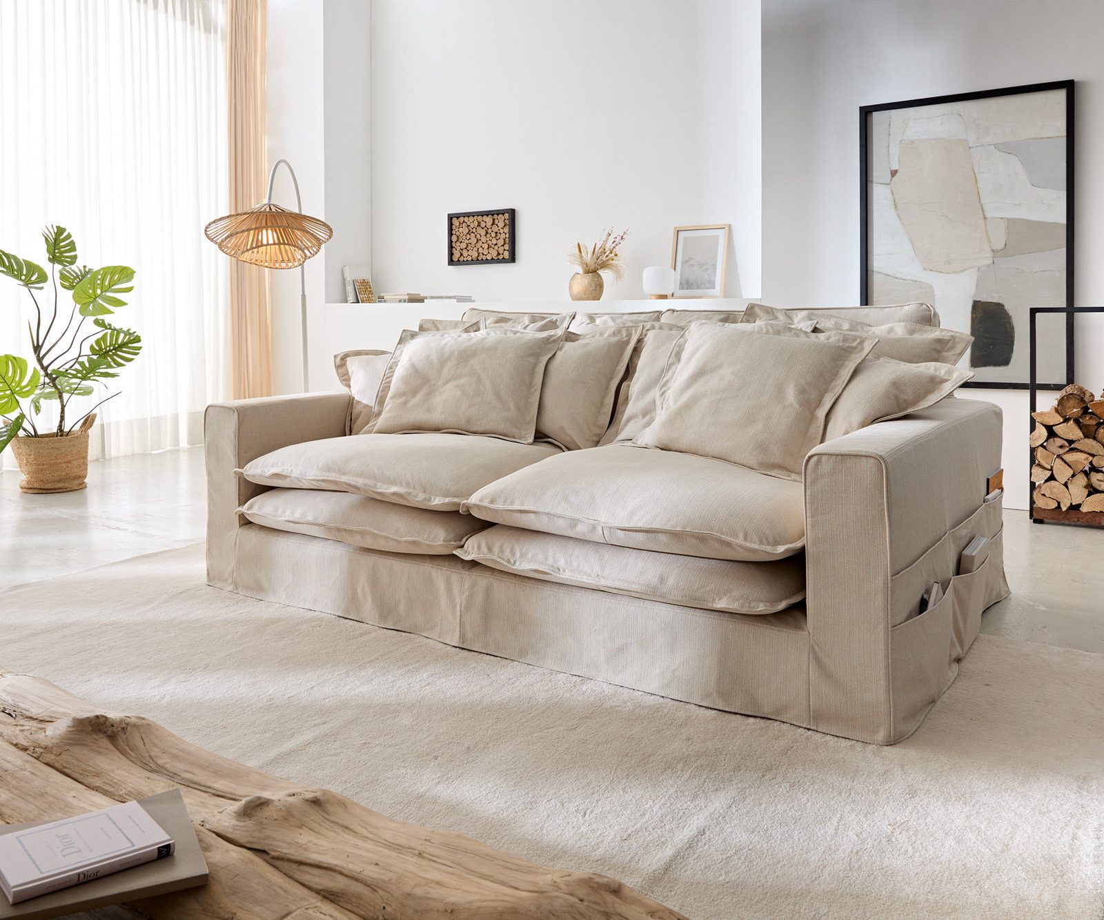 DELIFE Big-Sofa Noelia, Elfenbeinfarben 240x145 cm mit Kissen Hussensofa Sofa Couch