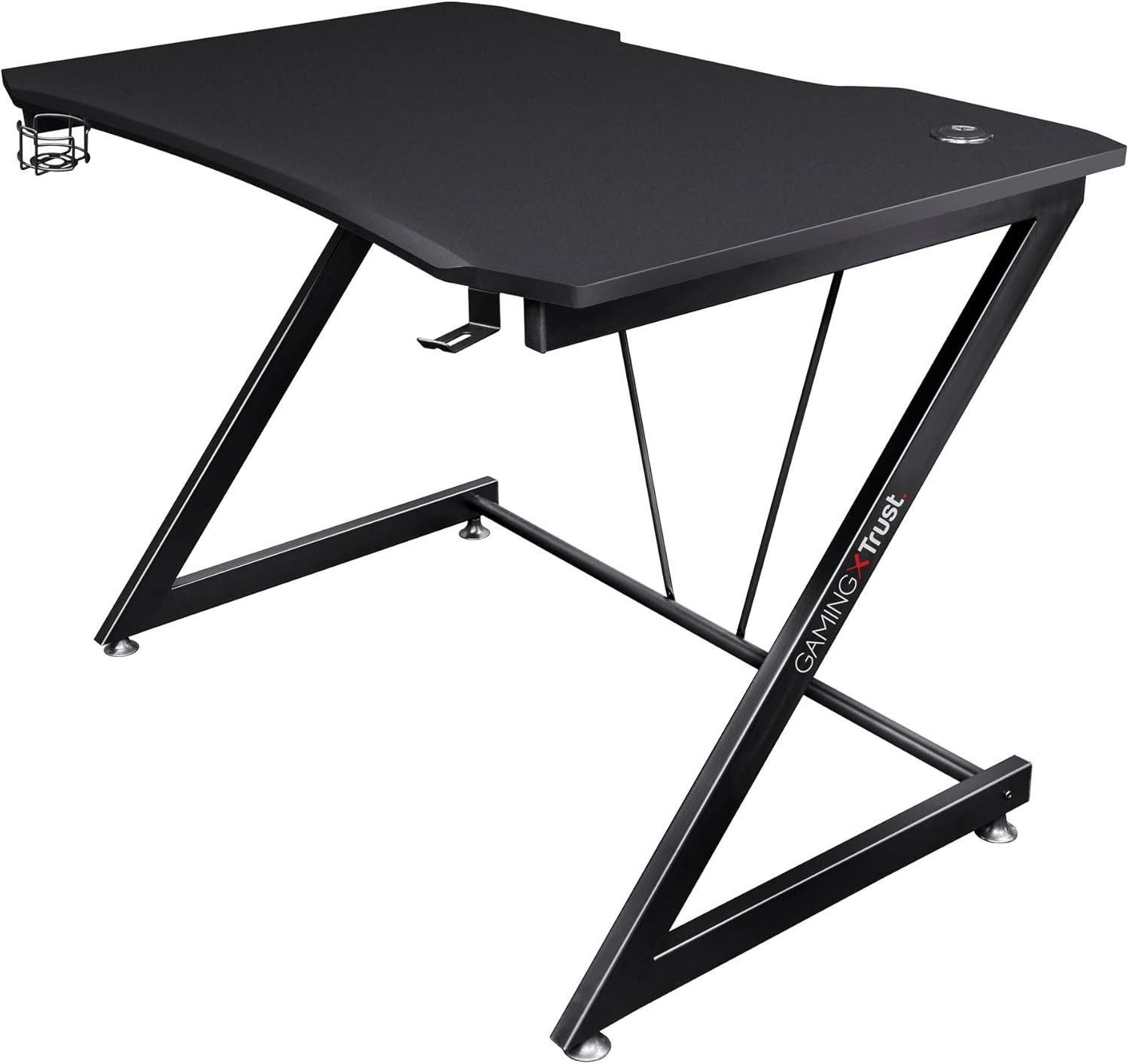 Trust Schreibtisch GXT 711X Dominus Gaming Computertisch mit Getränkehalter PC Tisch (1-St), Ergonomischer, Headset und Getränkehalter, Stahlgestell