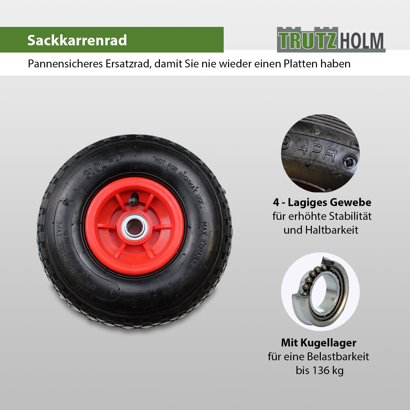 Sackkarren-Rad Luftrad 260x85 mm versetzte Nabe Ø 20 mm rot robustes 4 PR Gewebe