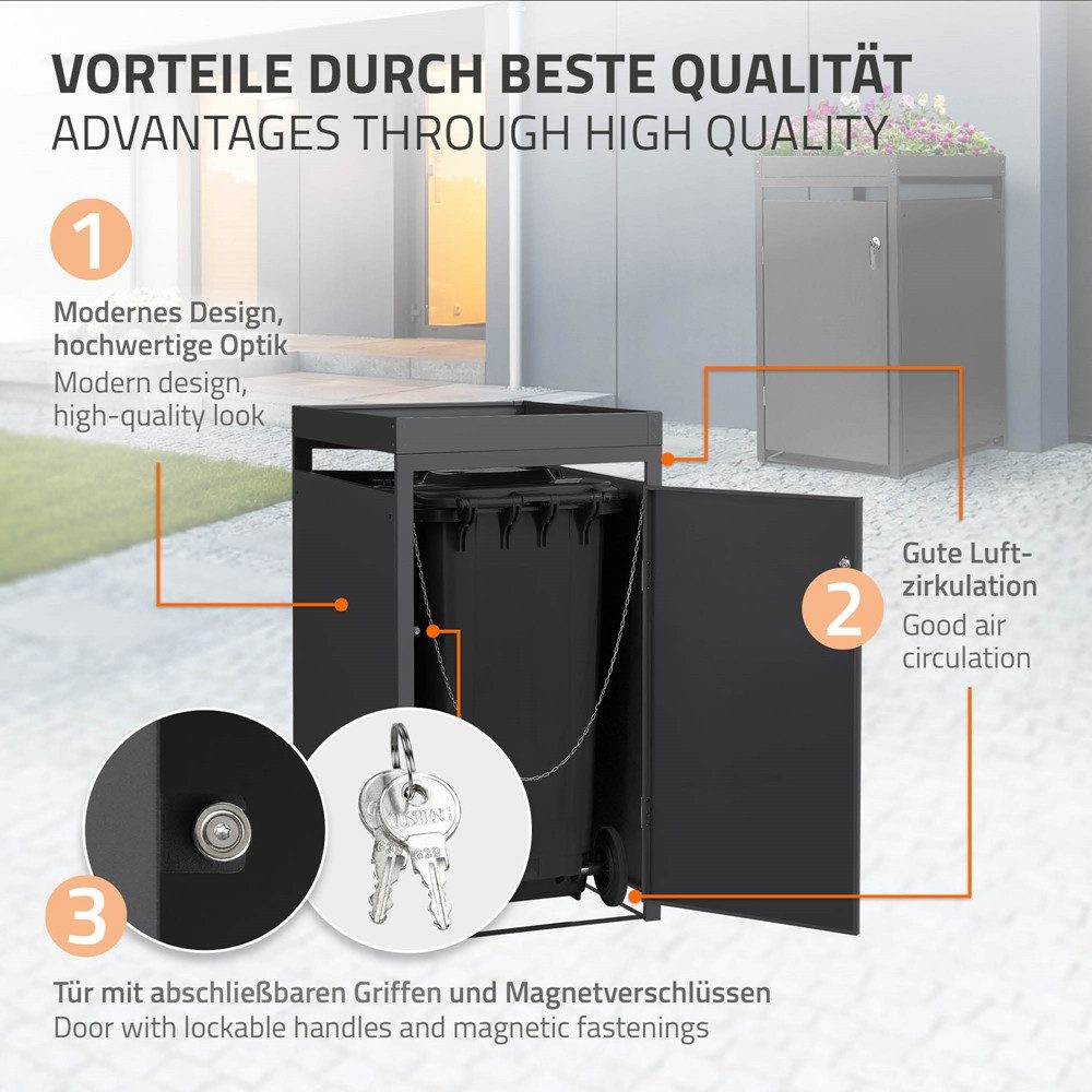 ML-DESIGN Mülltonnenbox Müllbox aus Stahl wetterfeste Mülltonnen Verkleidung Mülltonnengarage, Mülltonnencontainer mit Pflanzdach für 1 Tonne 120 oder 240 Liter