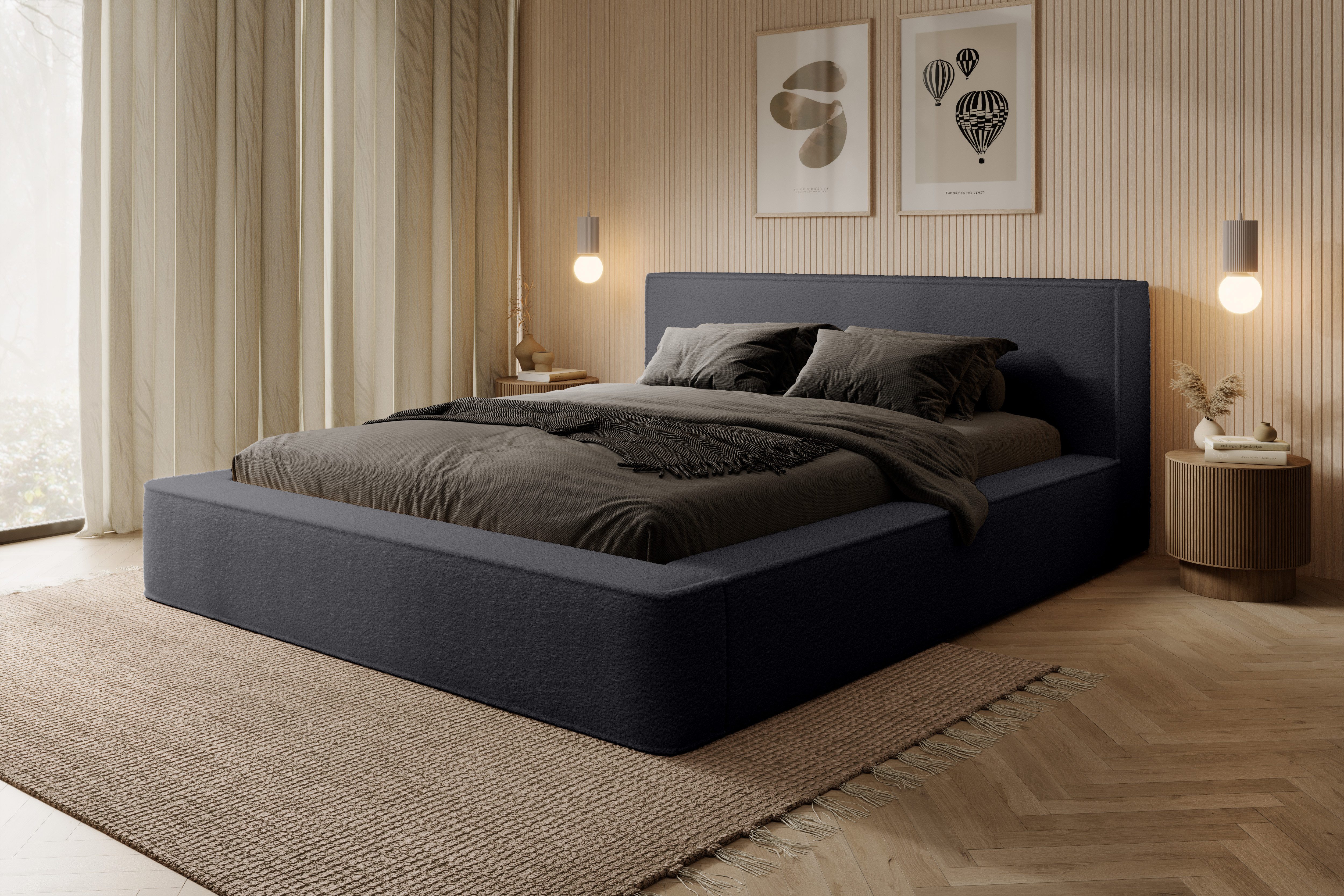yourhouse24 Polsterbett Alma Doppelbett Bettgestell Lattenrost mit Bettkasten (Bettgestell mit Lattenrost), Mit Bettkasten, Stoff Euphoria, Modernes Design, Gepolstertes Kopfteil