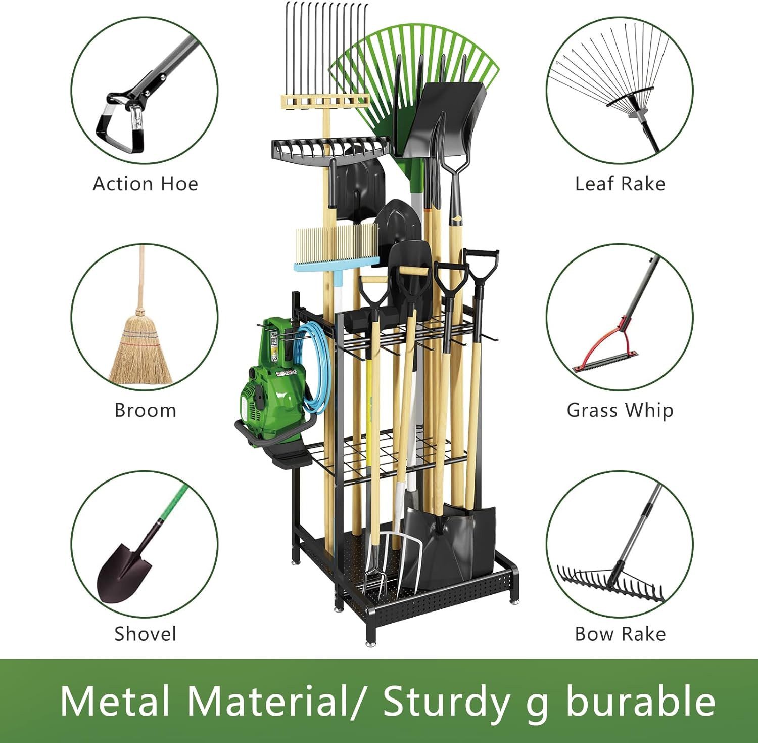 BlingBin Gartengerätehalter Gartengeräte Ständer mit Haken & Rädern, Gartenwerkzeug-Organizer, (1er Set, 1-tlg., Belastbarkeit maximal: 30KG, 49,71*42,9*77,9cm, Metall-Besenhalter für Garten, Garage, Schuppen & Outdoor, Schwarz)