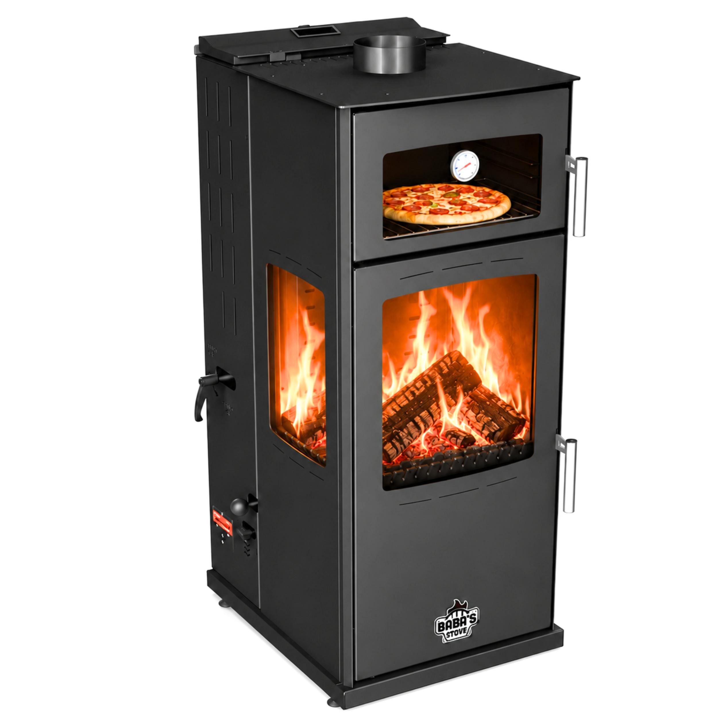 Baba's Kaminofen Gold Plus Hybridofen Pellets und Holz Kombiofen Kaminofen mit Backfach, 12 kW, Dauerbrand, Dauerbrandofen, (3-Scheiben 3 Seitig Verglast Panoramascheibe), Panorama Holzofen Holz Ofen Kamin