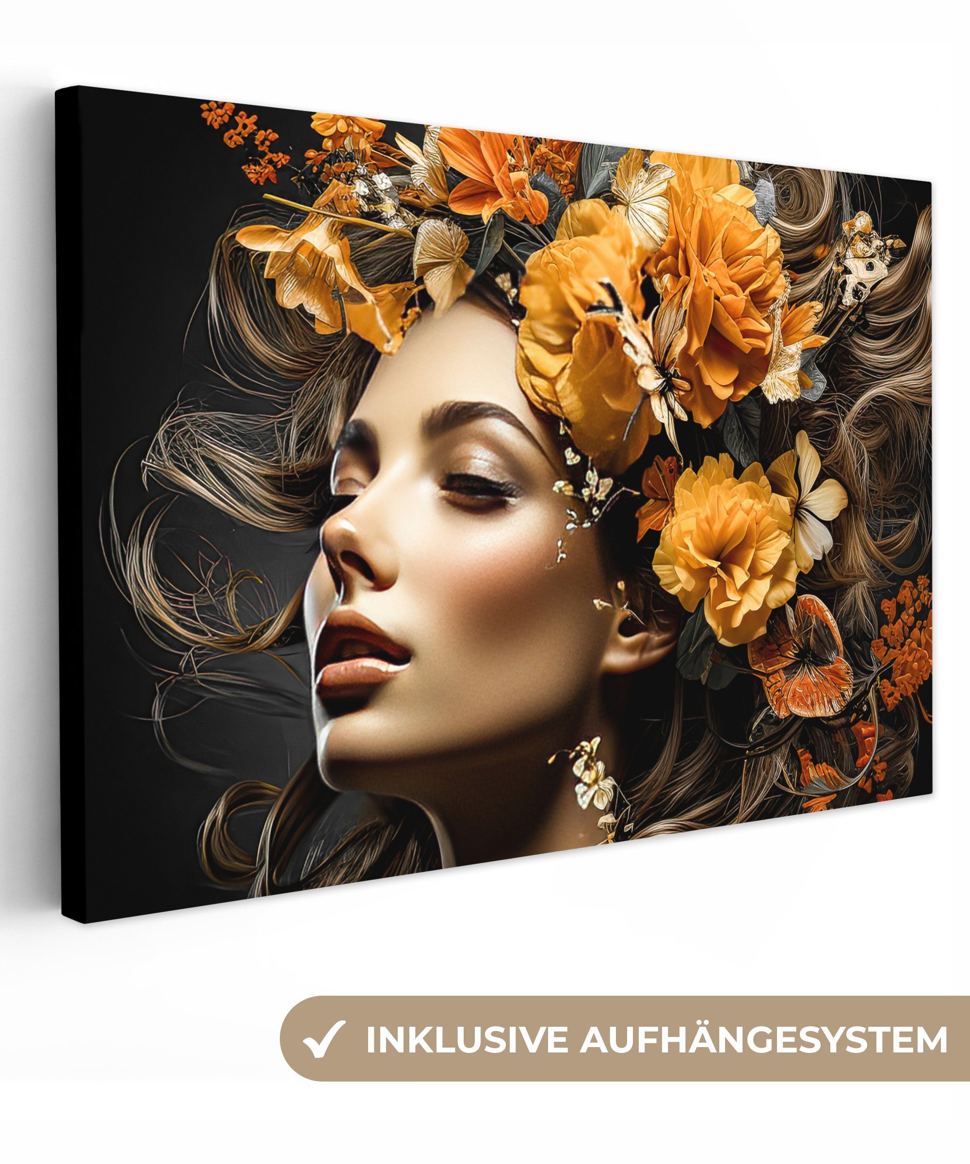 OneMillionCanvasses® Leinwandbild Frau - Porträt - Blumen - Farbenfroh, Fot günstig online kaufen