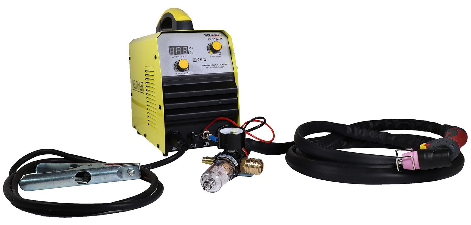 WELDINGER Plasmaschneidegerät Plasmaschneider PS53 pilot Pilotlichtbogen Druckregler 50 A bis 15 mm, 23 - 50 A, 4-tlg., Pilotlichtbogen, einfaches Bedienkonzept, Brenner mit Führung