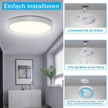 ZMH LED Deckenleuchte Rund Flach 24W Modern für Wohnzimmer, LED fest integriert, neutralweiß, Leicht zu reinigen, wasserdicht, weiß