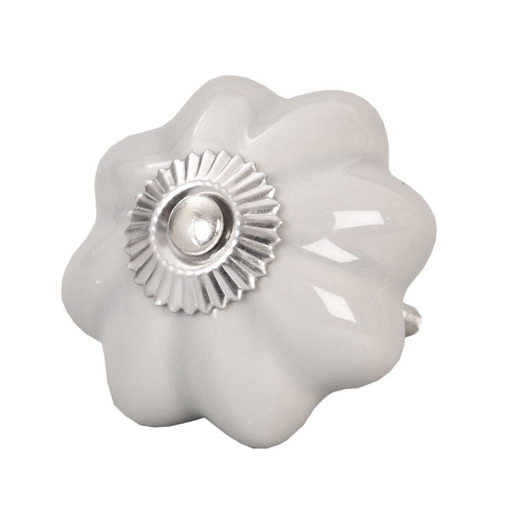 Clayre & Eef Möbelknopf Schrankknopf hellgrau Blüte grau silber STOCKHOLM Keramik Blume Schrankgriff aus