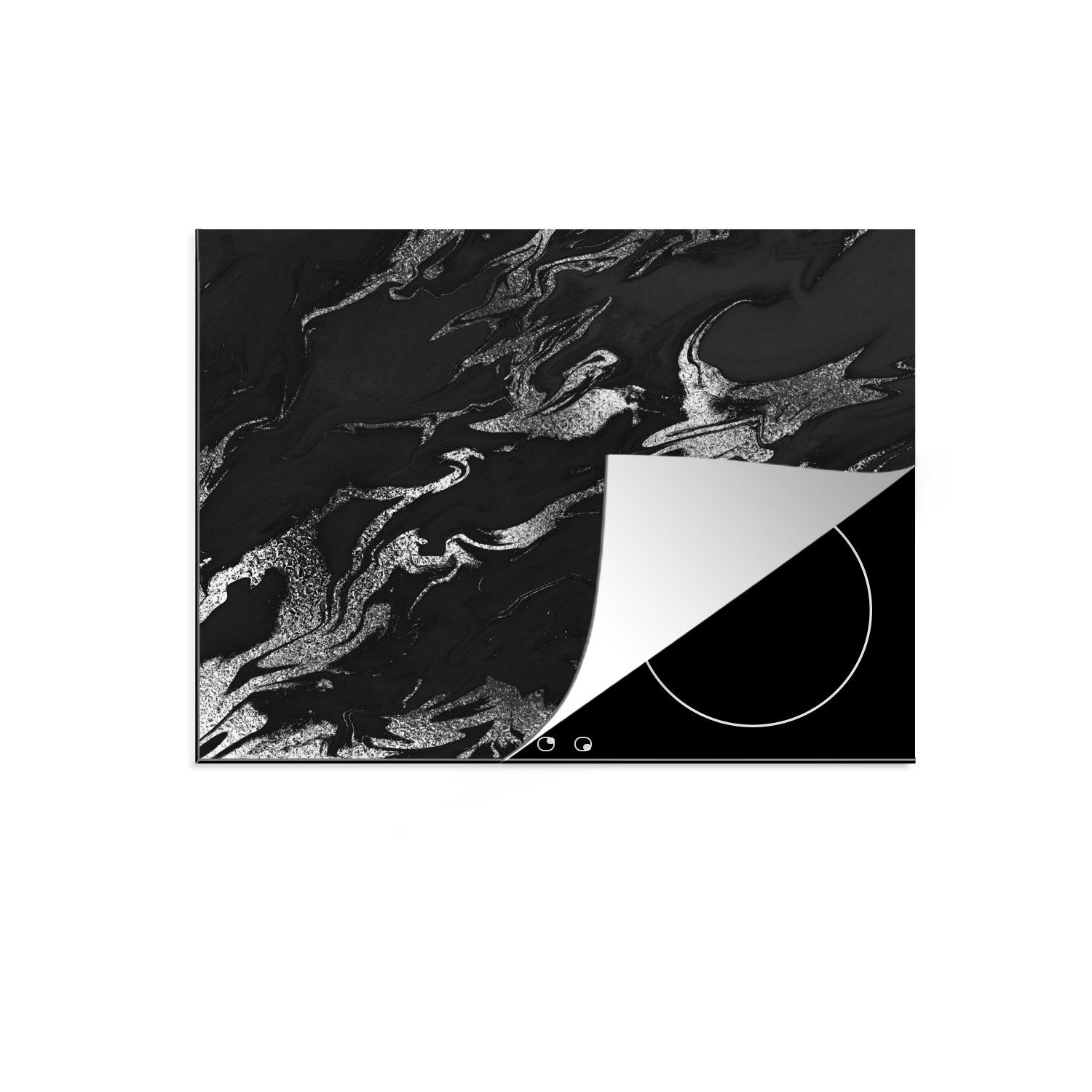 MuchoWow Herdblende-/Abdeckplatte Marmor - Schwarz - Silber - Luxus, Vinyl, (1 tlg), 57x51 cm, Induktionsschutz, Induktionskochfeld, Ceranfeldabdeckung