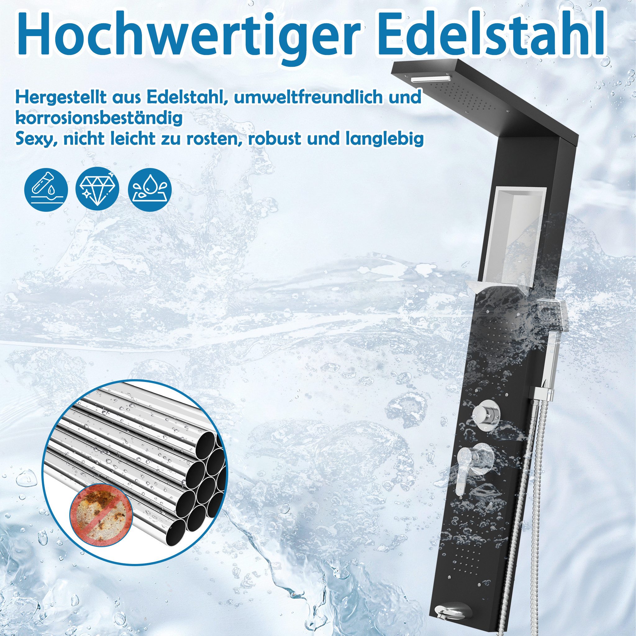 FIVMEN Duschsystem 5‑in‑1 Duschpaneel aus Gebürstetem Edelstahl Regendusche Wasserfall, Rückenmassage Handbrause multifunktional einfache Wandmontage – Bild 3 von 5