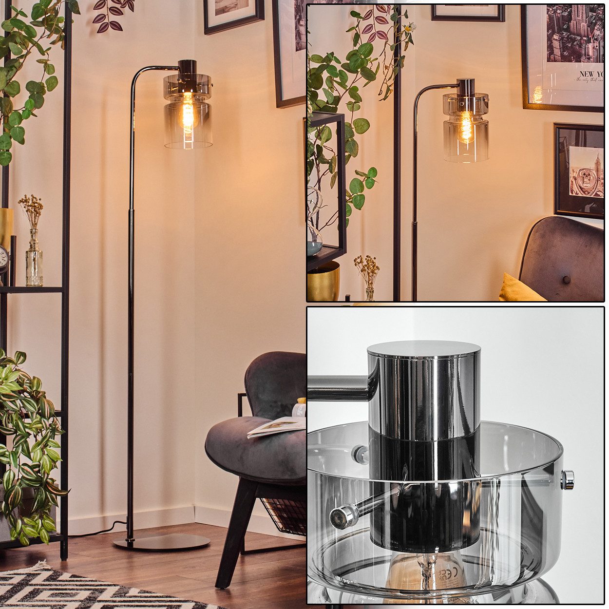 Stehlampe Stehlampe aus Metall/Glas in Schwarz/Chrom/Rauch/Klar mit Fußschalter