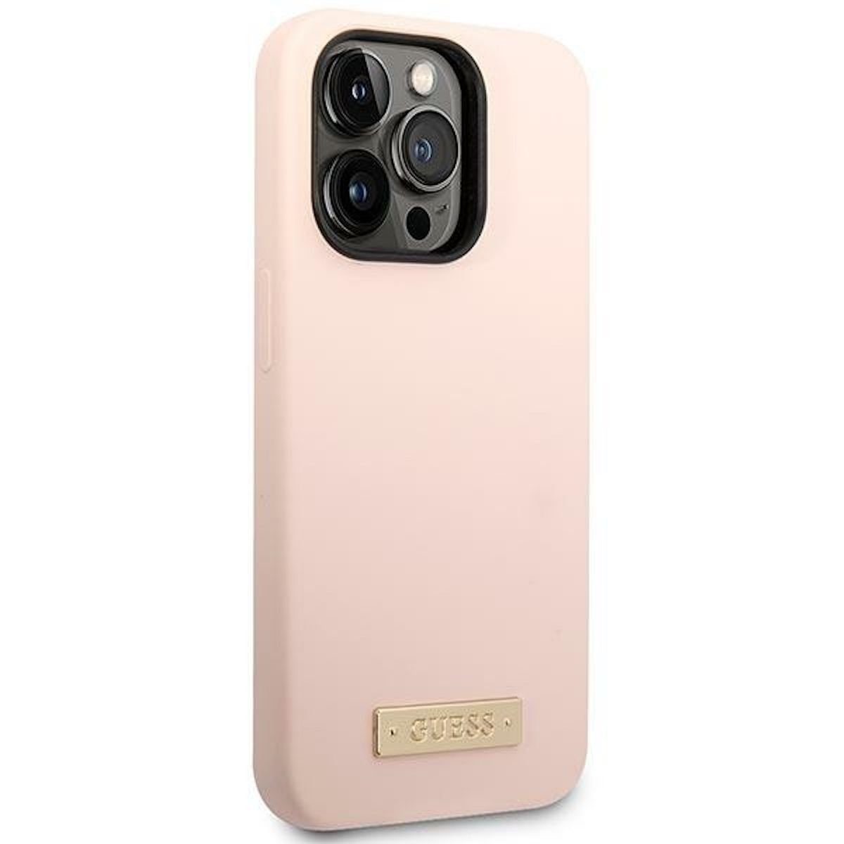 Guess Handyhülle Guess Apple iPhone 14 Pro Max Hard Case Silicone Logo Plate MagSafe Cover Schutzhülle Rosa