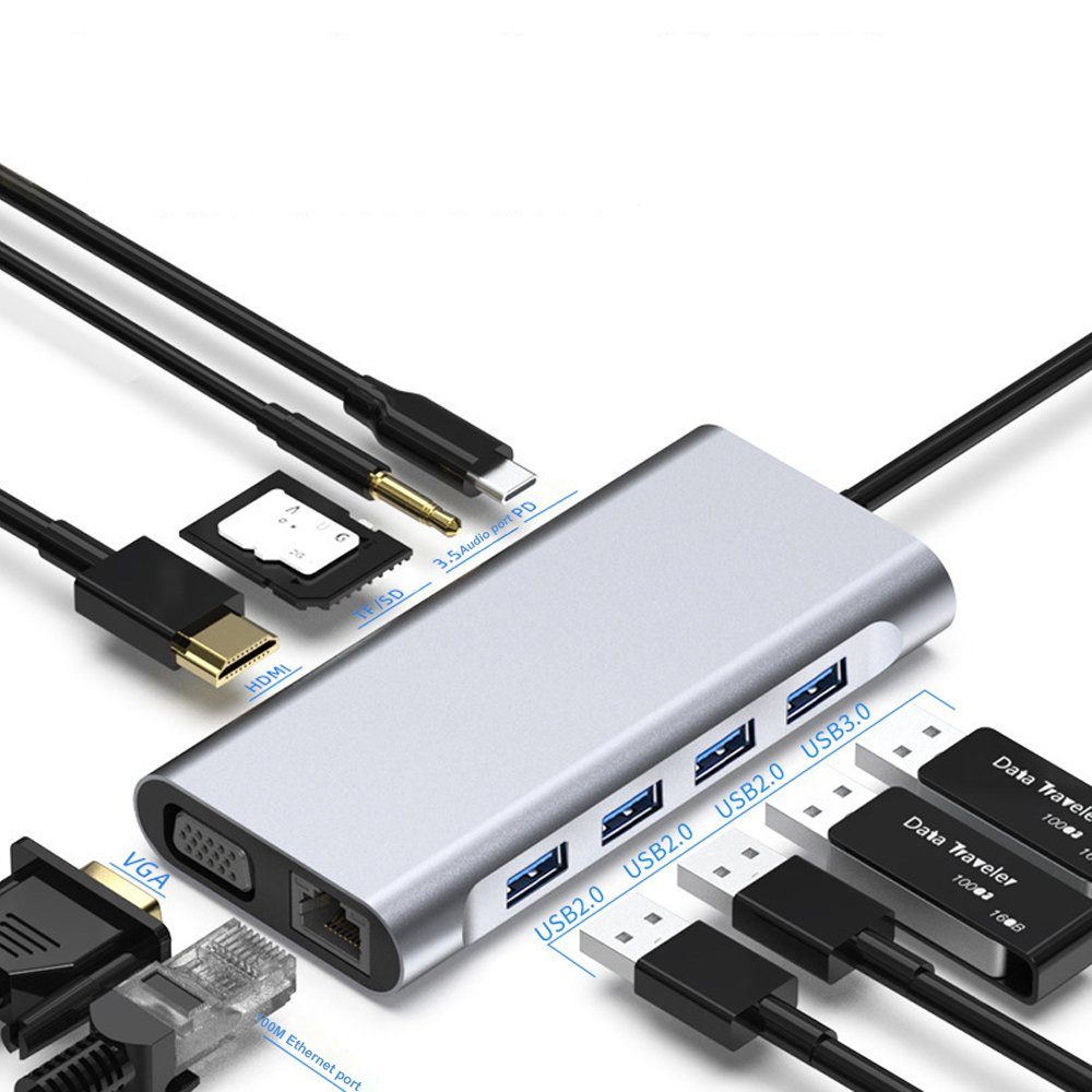 IVSO »Docking Station Tpye-C-Hub, 11-in-1-Type-C-auf-HUB-HDMI-Adapter mit  1000 m Ethernet,« Dockingstation (Power Delivery Pd Typ C Ladeanschluss, 1 USB  3.0-Anschlüsse, 3 USB 2.0-Anschlüsse,3.5mm Audio/Mic,kompatibel für  MacBook) online kaufen | OTTO