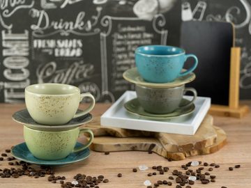 CreaTable Cappuccinotasse Kaffeetasse NATURE COLLECTION, Steinzeug, Tassen Set, naturfarben mit Sprenkel, 4 Tassen, 4 Untertassen