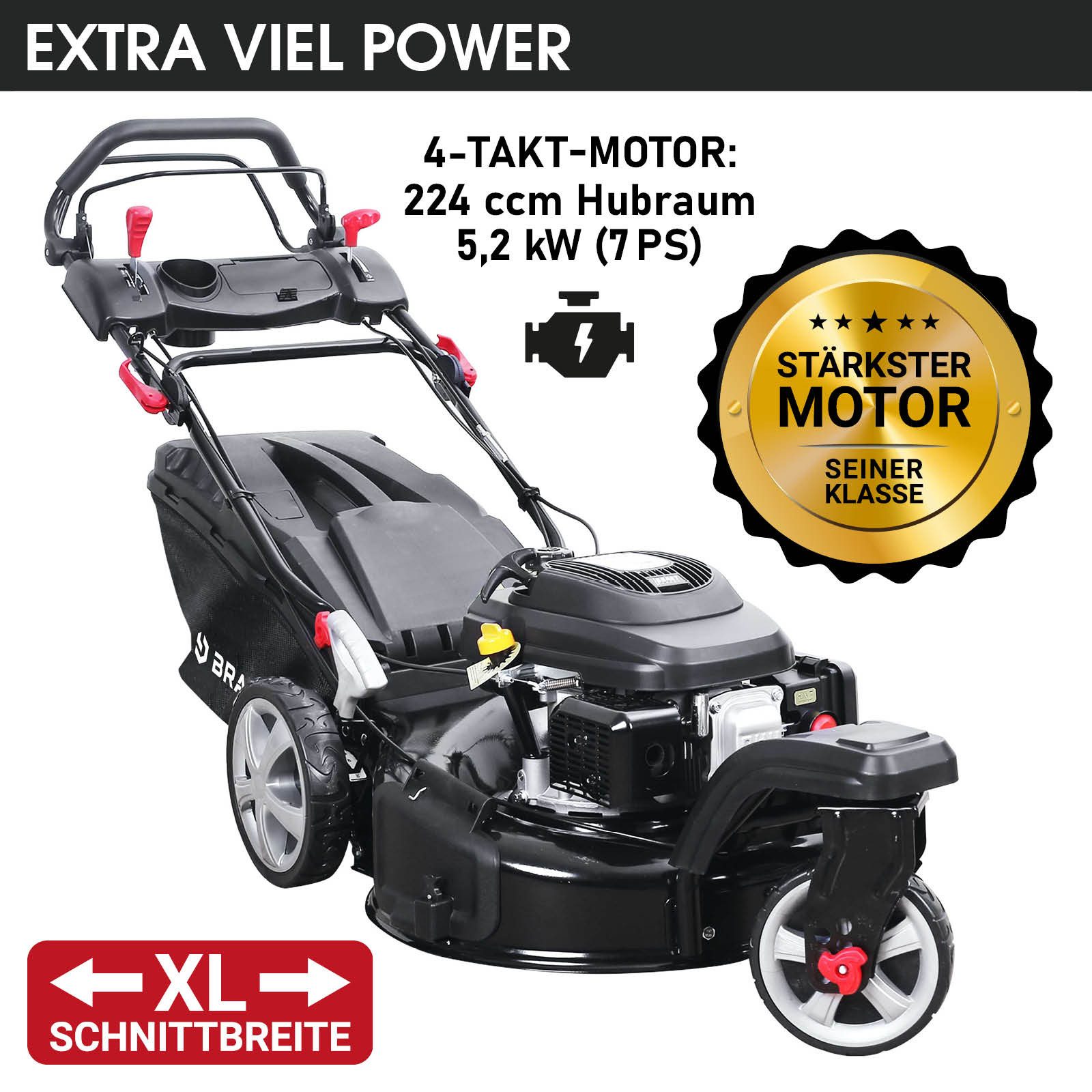 BRAST Benzinrasenmäher Trike mit Antrieb 5,2kW(7PS), 4 Takt OHV Motor, TÜV, 53 cm Schnittbreite, 30-80mm Schnitthöhe, 60L Fangkorb, Stahlgehäuse