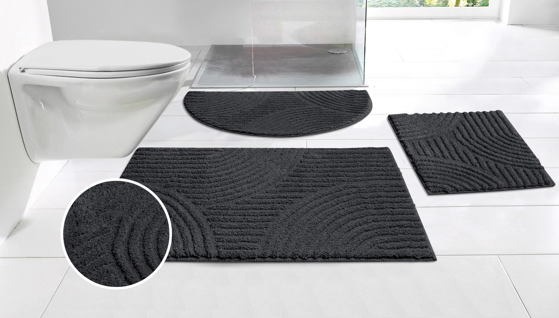 OTTO home Badematte Ognon, Scandi, Boho, modernes Muster, Höhe 15 mm, rutschhemmend beschichtet, schnell trocknend, strapazierfähig, fußbodenheizungsgeeignet, Polyester, rund, Badteppich, Uni Farben, Hoch-Tief-Effekt