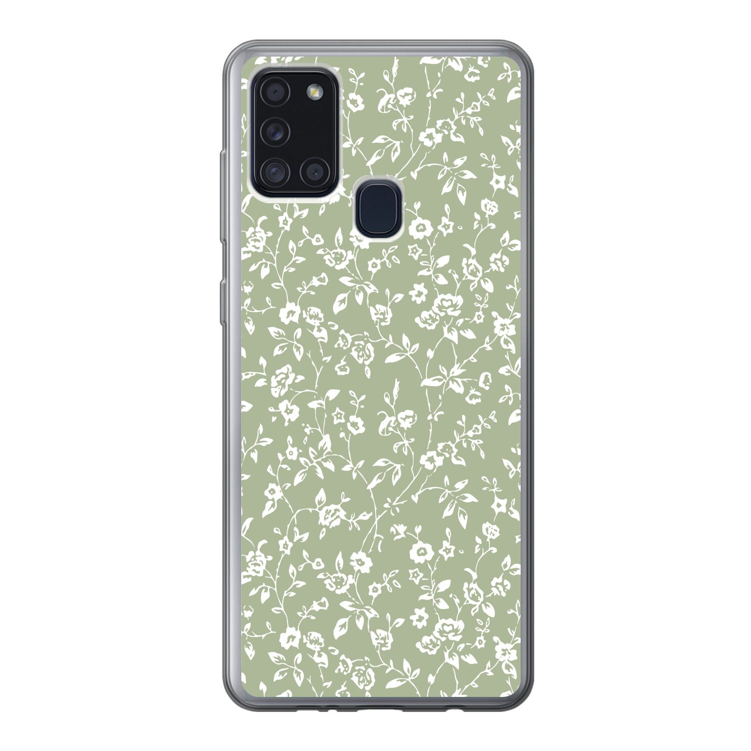 MuchoWow Handyhülle für Samsung Galaxy A21s Blumen - Druck - Grün - Weiß, Smartphone-Bumper, Print, Handy Schutzhülle Dünn