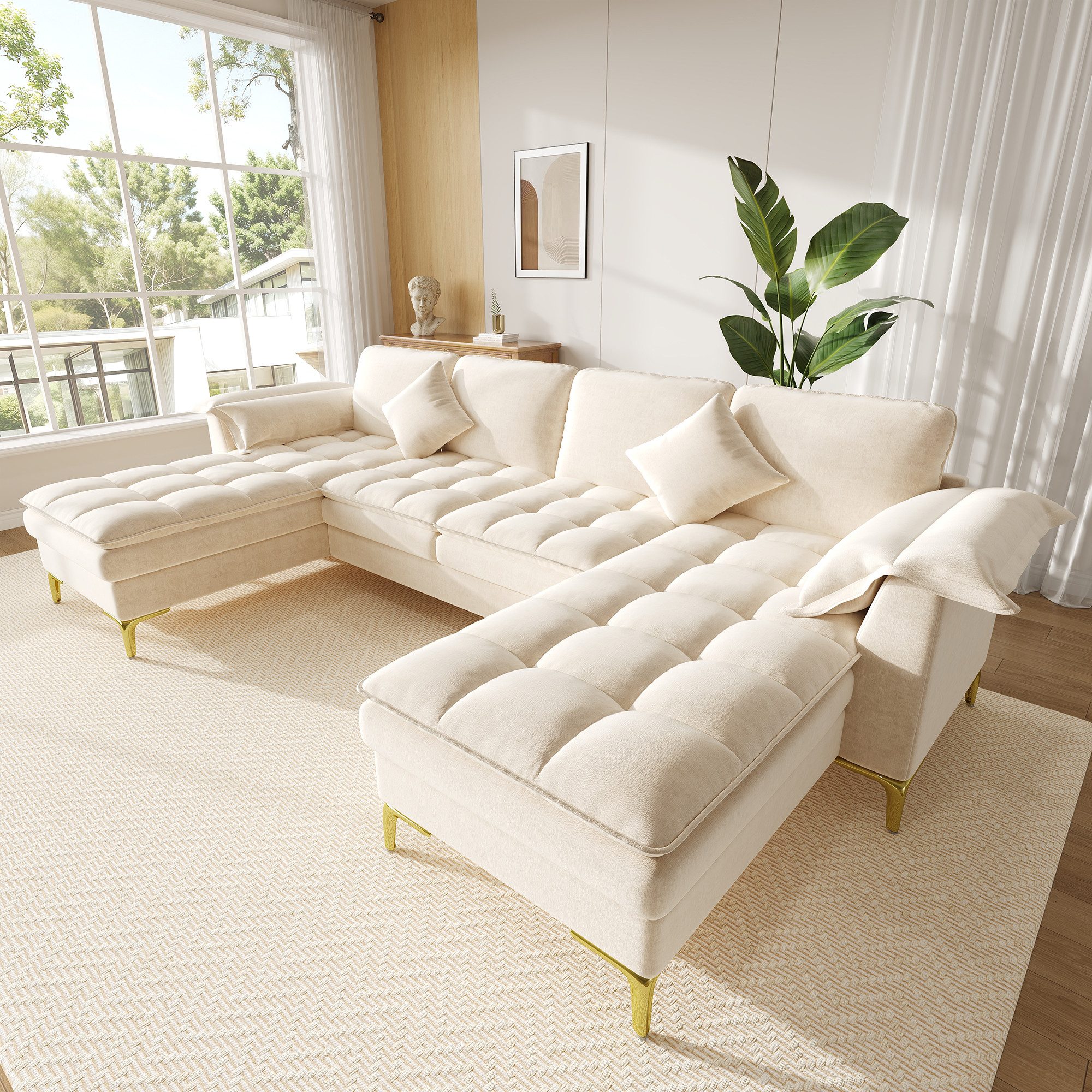 Merax Ecksofa mit 2 Chaiselongues, U-förmiges Sofa Cloud-Design Couch aus Chenille, 1 Teile, 4-Sitzer-Sofa mit 2 Kissen,goldene Metallfüße,Doppelschicht-Polsterung