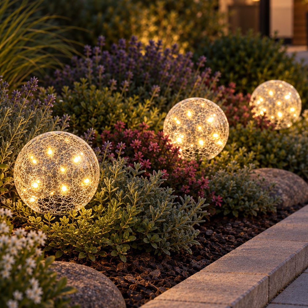 etc-shop LED Solarleuchte, LED-Leuchtmittel fest verbaut, Warmweiß, 3x LED Solarlampe Steckleuchte Glas Kugel Crackle Erdspieß D 15 cm
