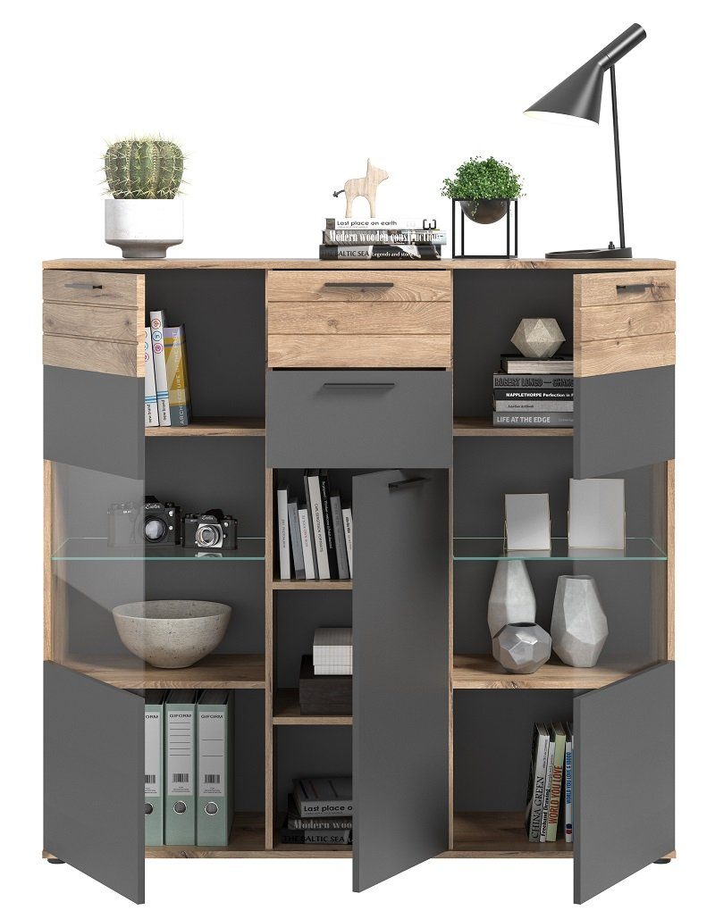 xonox.home Vitrine Highboard Mason, Nox Oak / Basalt Grau ohne Beleuchtung