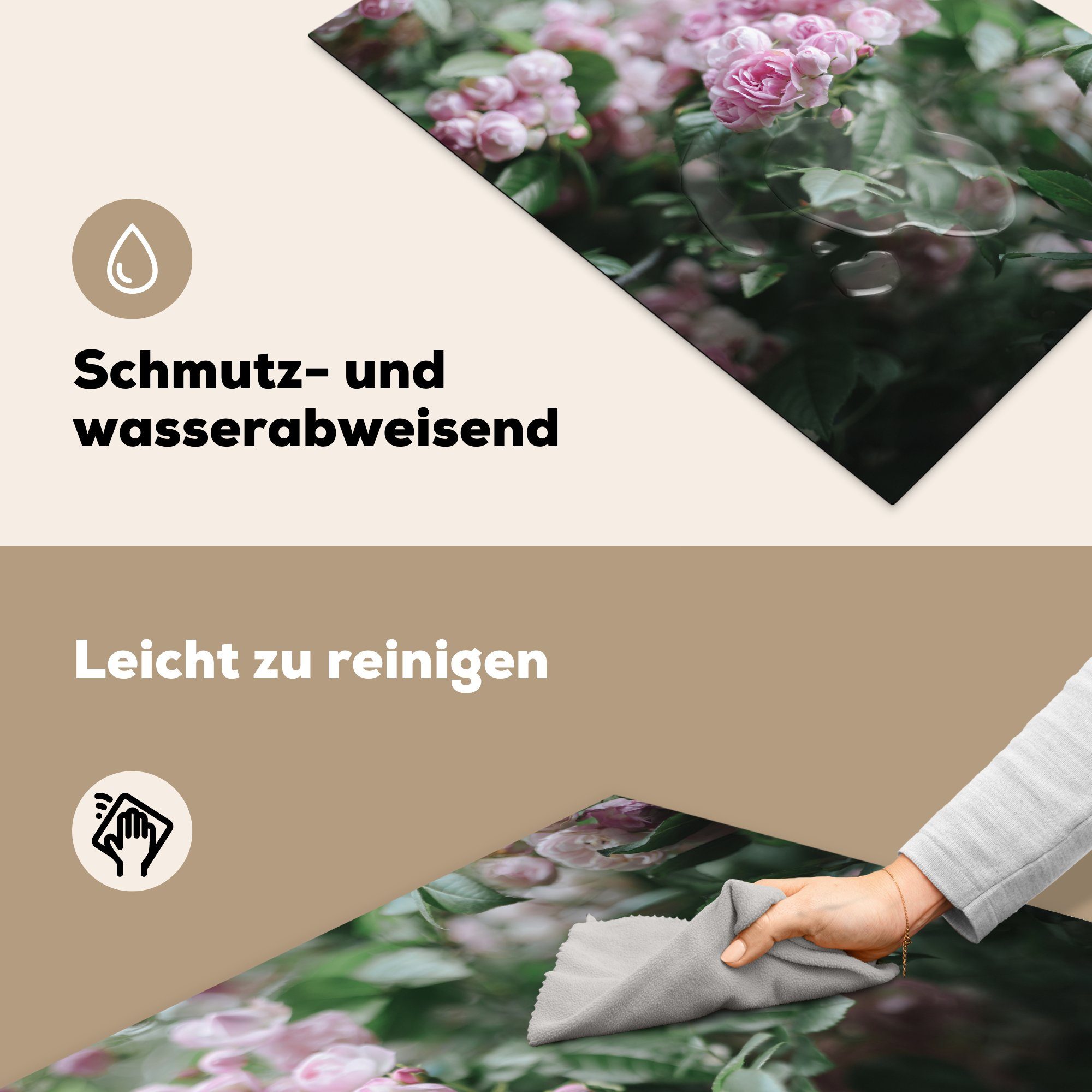 Schutz Rosa - 81x52 Ceranfeldabdeckung (1 Vinyl, MuchoWow Kletterrose cm, für - Blatt, küche, Herdblende-/Abdeckplatte die Induktionskochfeld tlg),