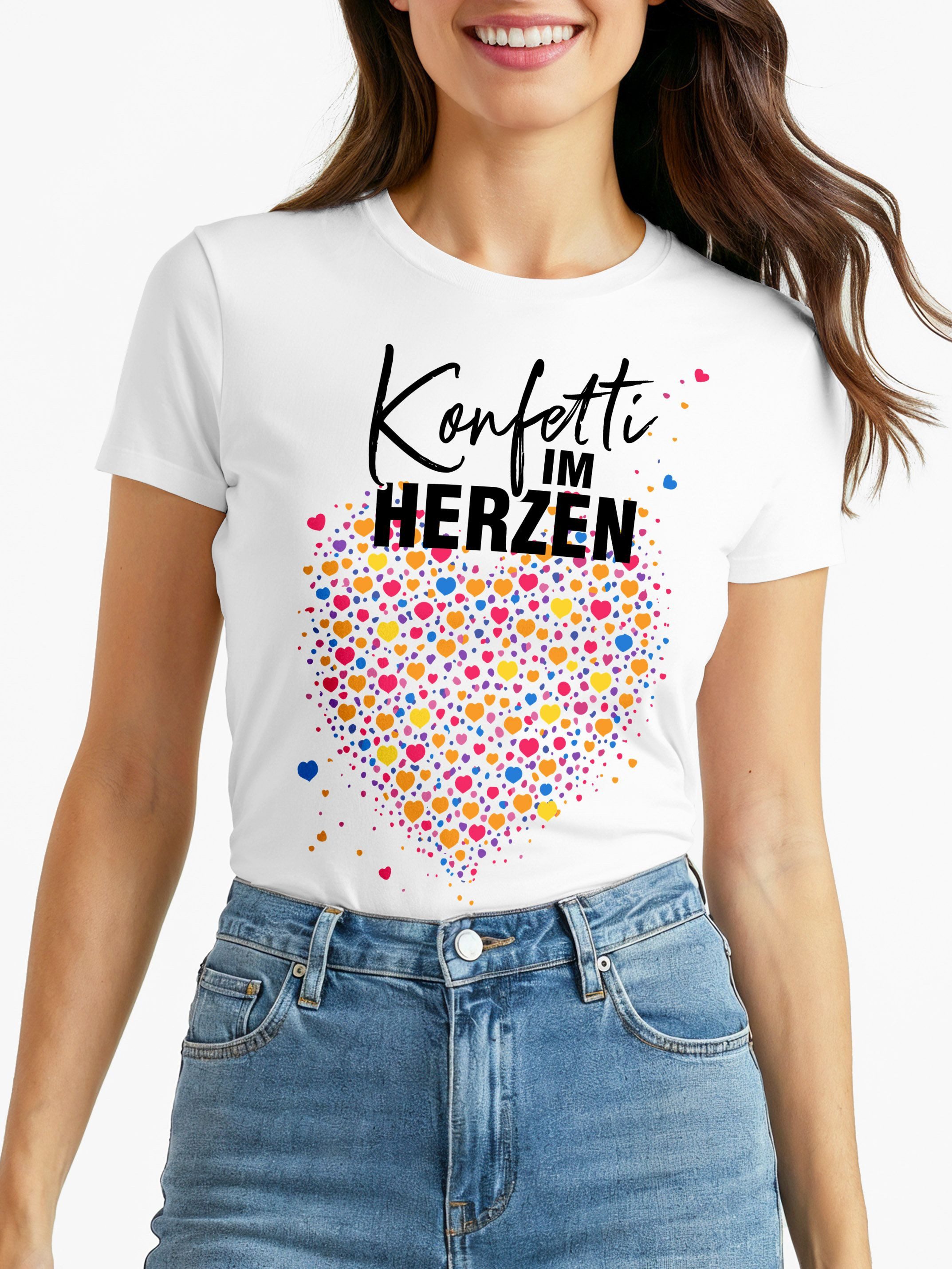 Print-Shirt Damen T-Shirt - Konfetti im Herzen - Fasching Karneval Ersatz