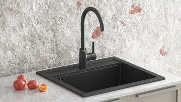 GURARI Küchenspüle SQQ100 - 601 W+RM-2845-C, (2 St), Einbau Granitspüle Schwarz metallic +Aufrollbare Abtropfmatte
