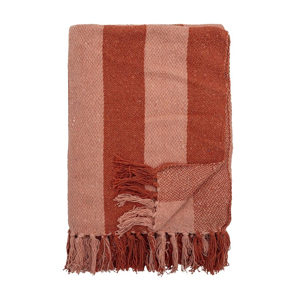Wohndecke Frello Tagesdecke aus recycelter Baumwolle in Orange, Bloomingville, Kuscheldecke, Sofadecke, Streifenmuster, Warme Farbtöne, Fransen Weich
