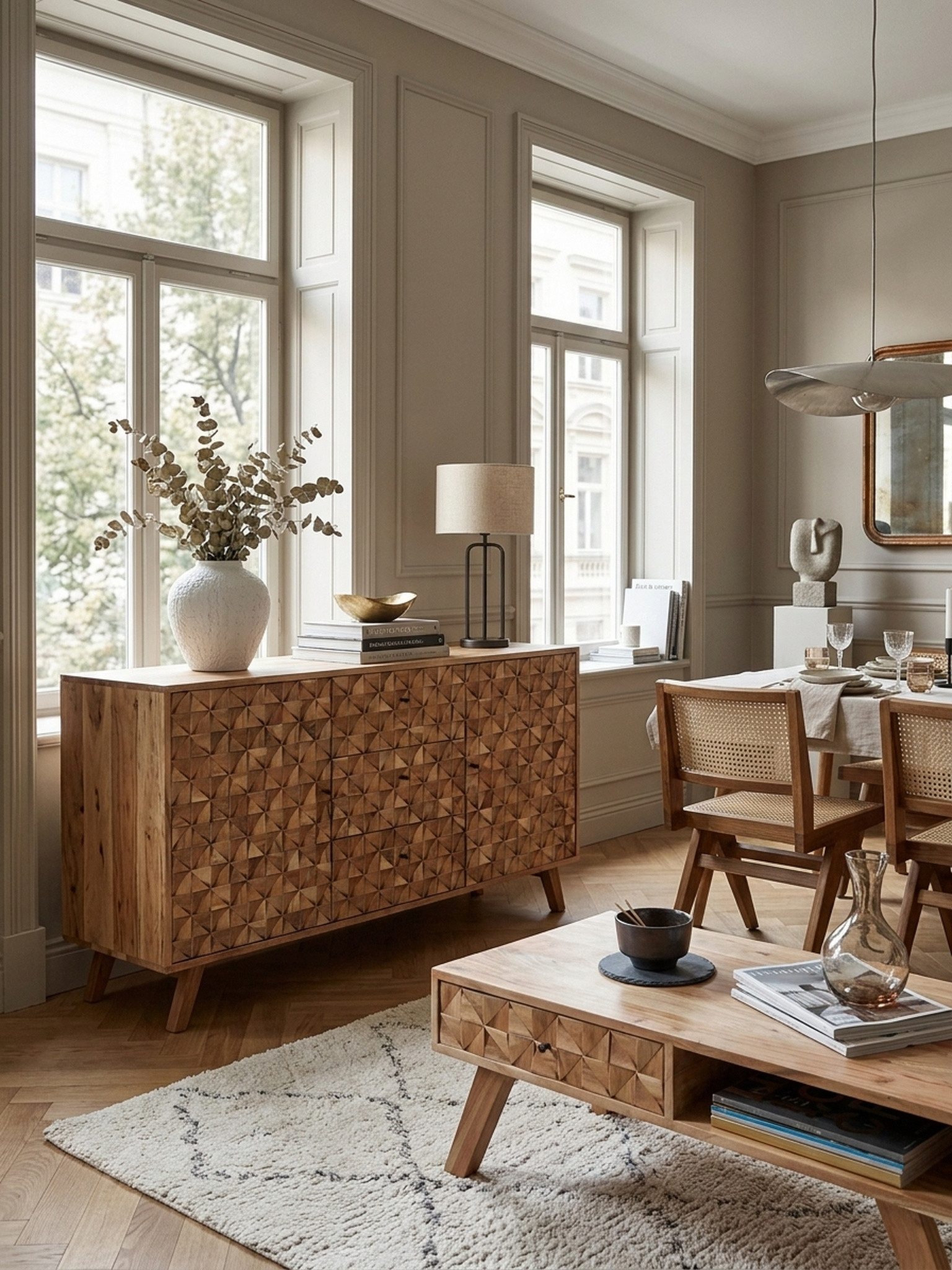KADIMA DESIGN Kommode Sideboard REWA 140x78,5x40 cm Anrichte Massivholz Akazie Schrank (Echtholz, Schubladenkommode Massiv, Flurkommode), Braun, Landhaus-Stil Kommode mit 3 Schubladen & 2 Türen, Flurschrank