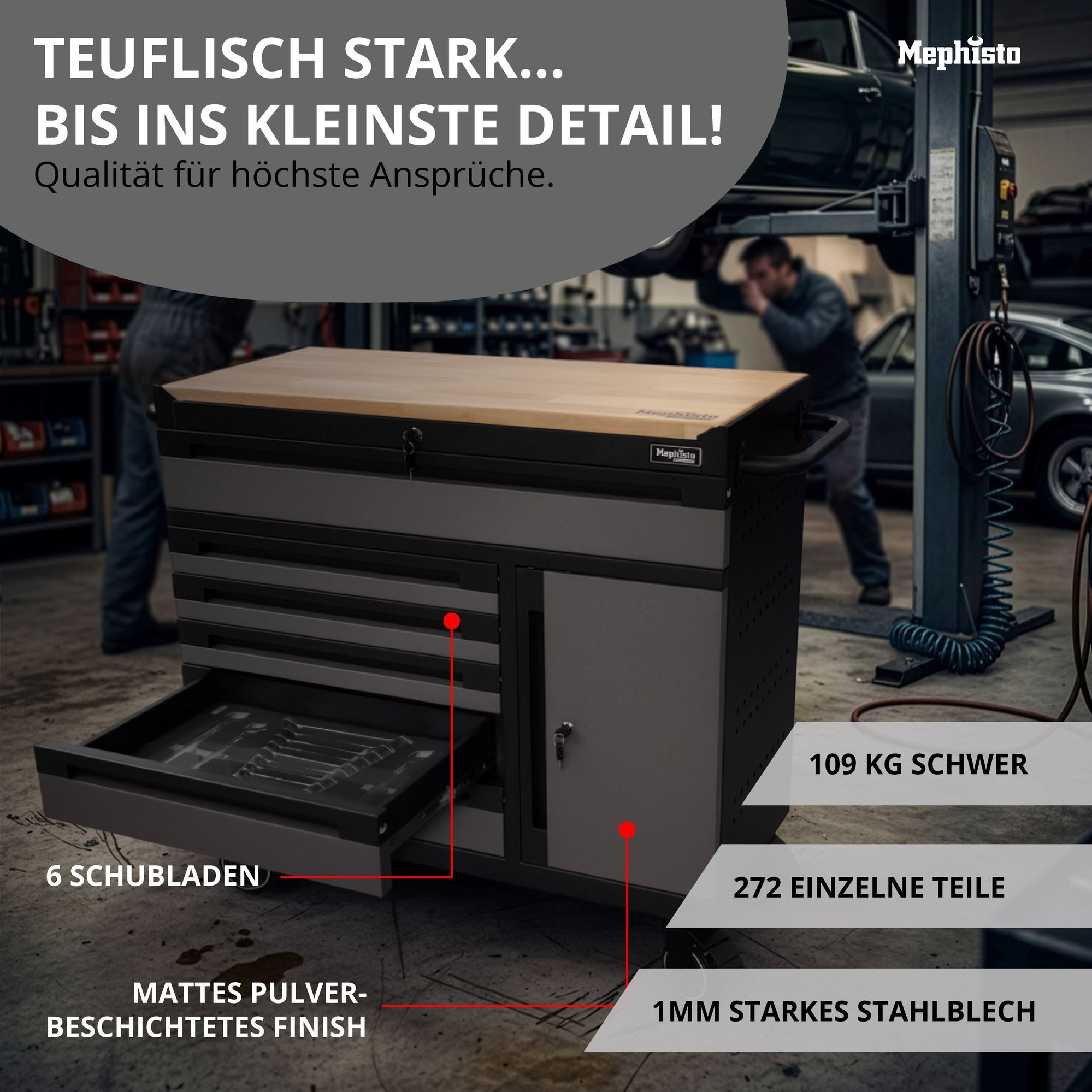 Mephisto-Tools Werkzeugwagen, (fertig montiert und bestückt), 6 Schubladen bis zu 40 kg belastbar plus 1 Tür, 4 Schlüssel inkl.