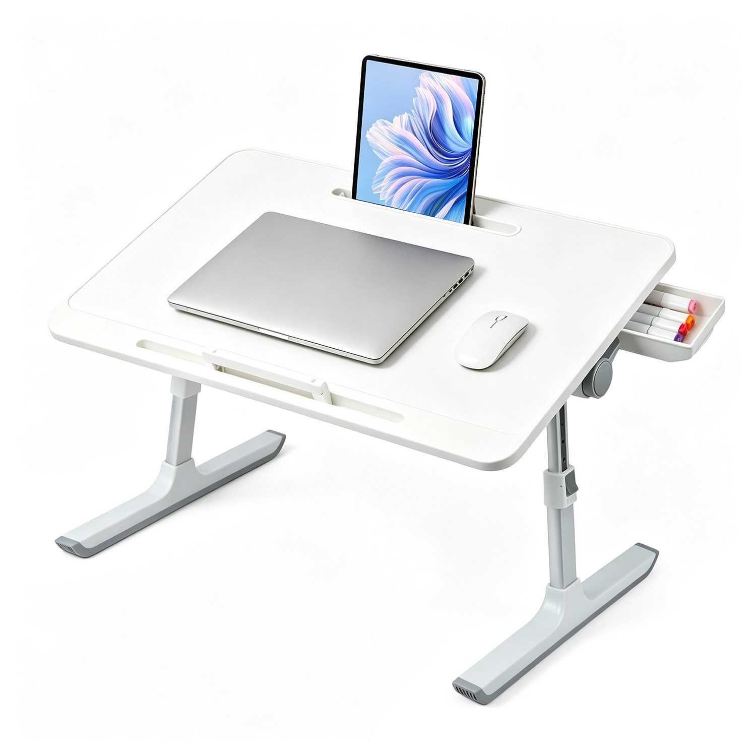 OSTWOLKE Laptoptisch Betttisch Klappbar mit Schublade höhenverstellbar Tisch 60x40cm, Laptoptisch mit Laptop-Stopper, für Sofa, Couch, Bett oder Tisch
