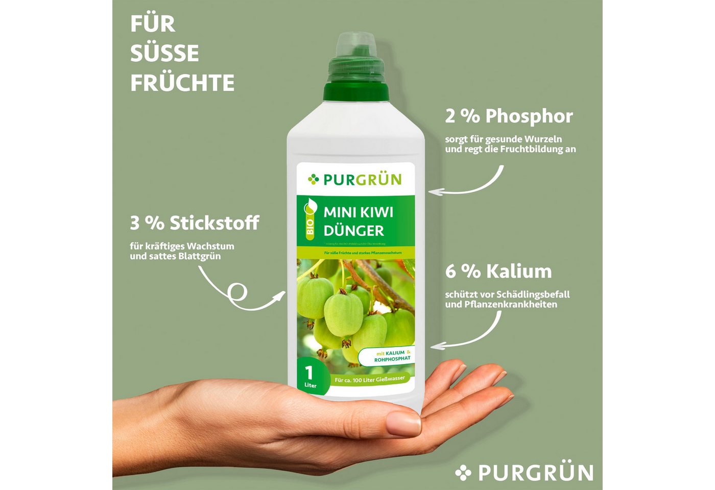 Thumbnail - Purgrün Obstdünger Purgrün Bio Mini Kiwi Dünger, NPK 4+1+7, Algenextrakt, 1 Liter, Flüssigdünger, extra Kalium für vital...