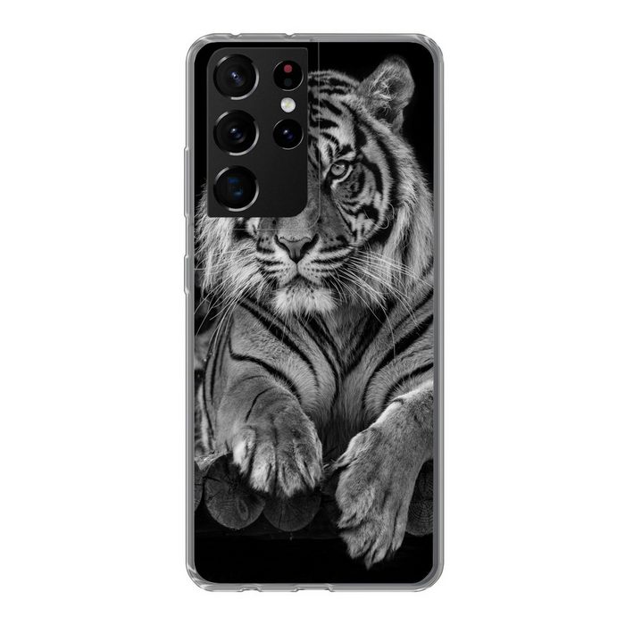MuchoWow Handyhülle Sumatra-Tiger auf schwarzem Hintergrund Phone Case Handyhülle Samsung Galaxy S21 Ultra Silikon Schutzhülle
