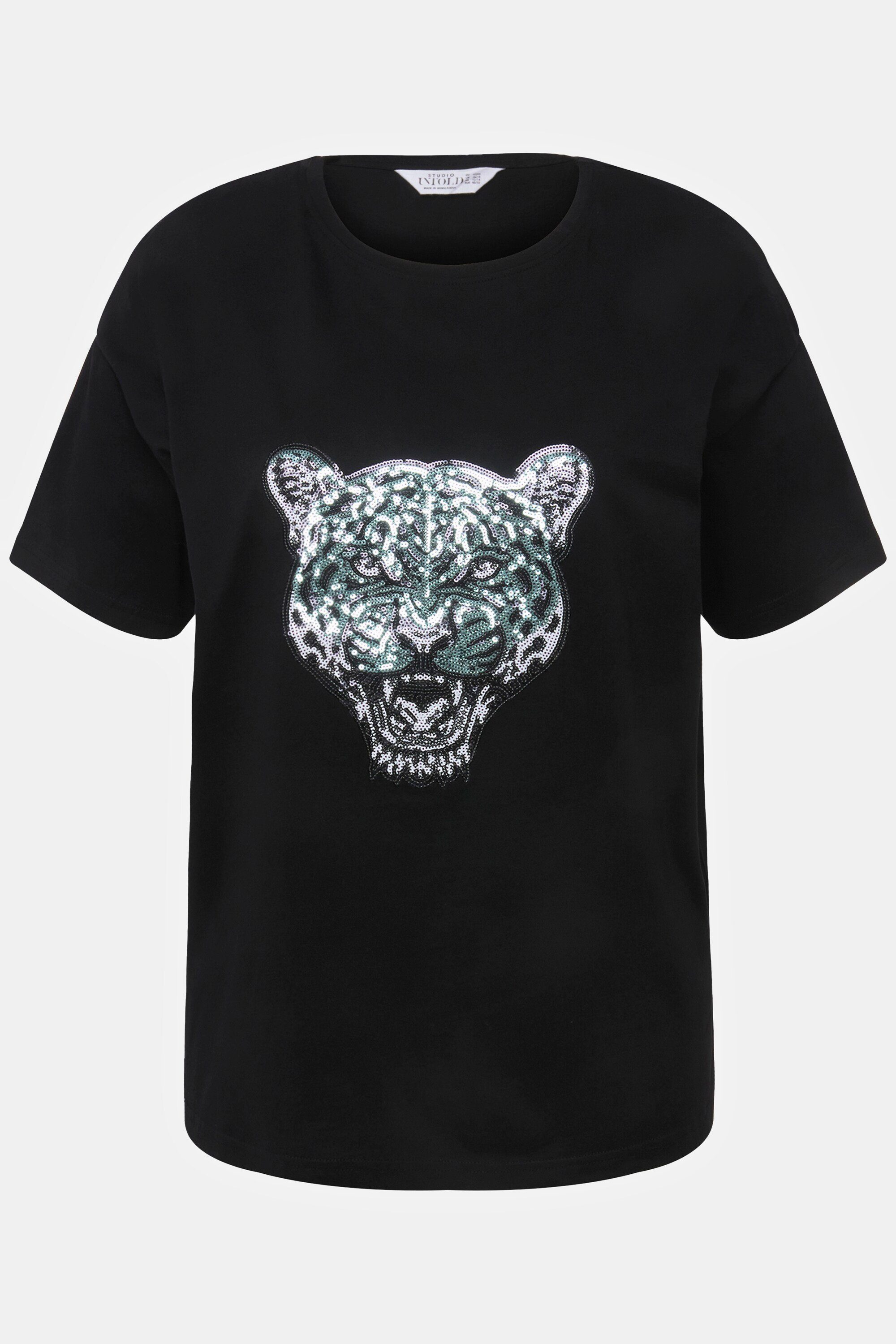 Rundhals oversized schwarz Rundhalsshirt Untold Tiger T-Shirt Pailletten-Patch Studio