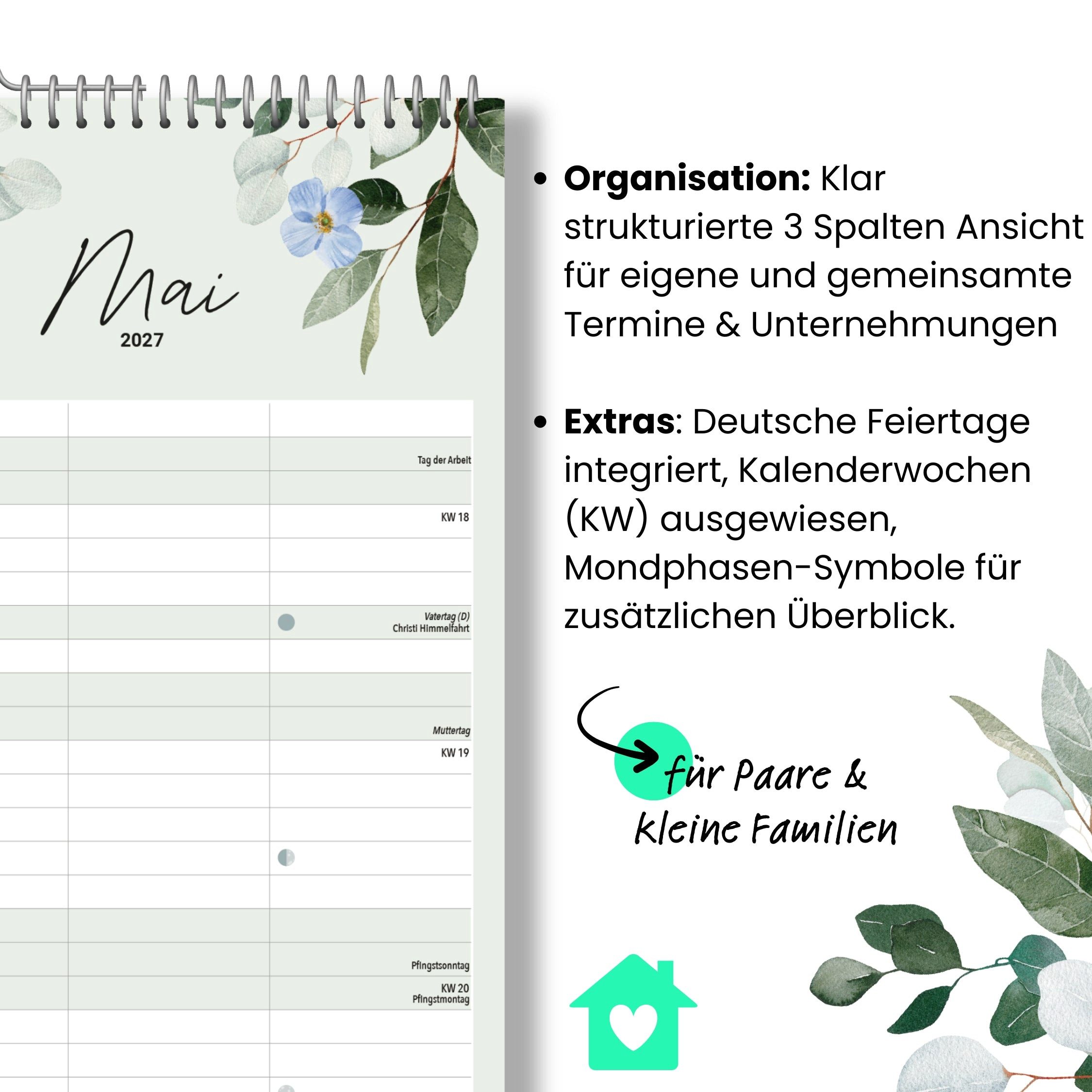 heaven+paper Partnerkalender Paarplaner Green 3 Spalten 2027 botanisch, hochwertig, Hergestellt in Deutschland – Bild 5 von 5