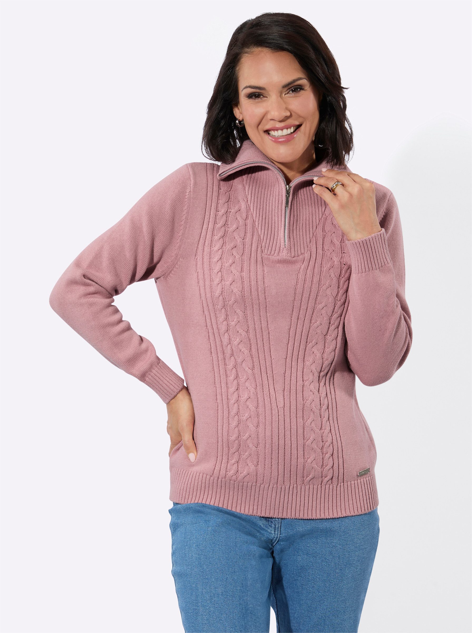 Witt Strickjacke Troyer-Pullover Langarm Jersey, Zopfmuster