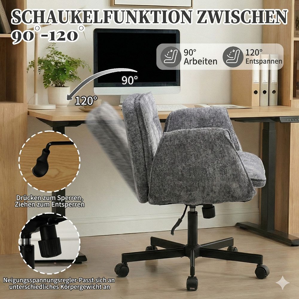 Vankel Drehstuhl Ergonomischer Bürostuhl aus Chenille mit breitem Sitz, Mit verstellbaren Armlehnen, Rollen und bis 150 kg belastbar – Bild 4 von 5